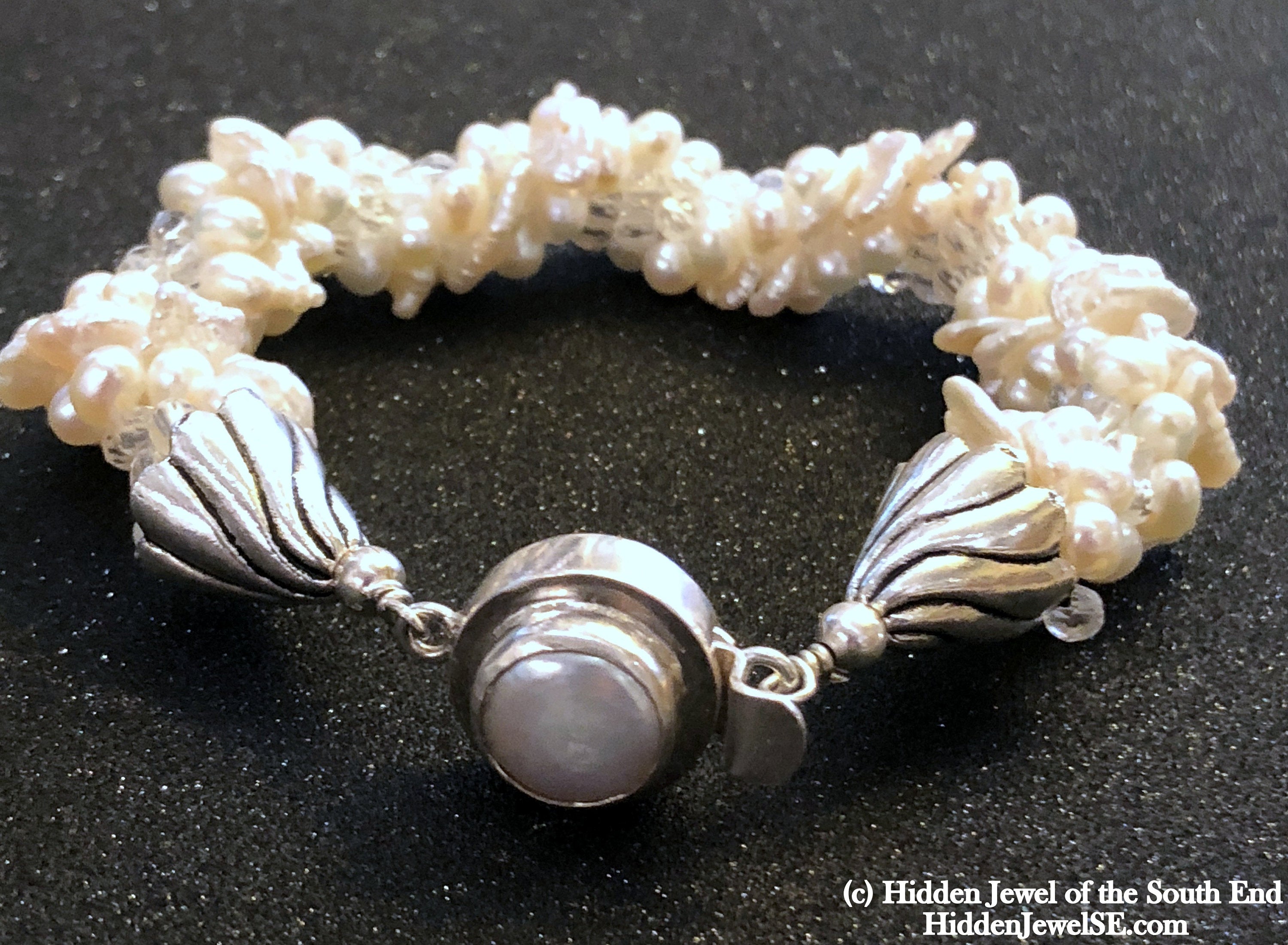 Pearl & Rock Crystal crocheted bracelet, Jewelry