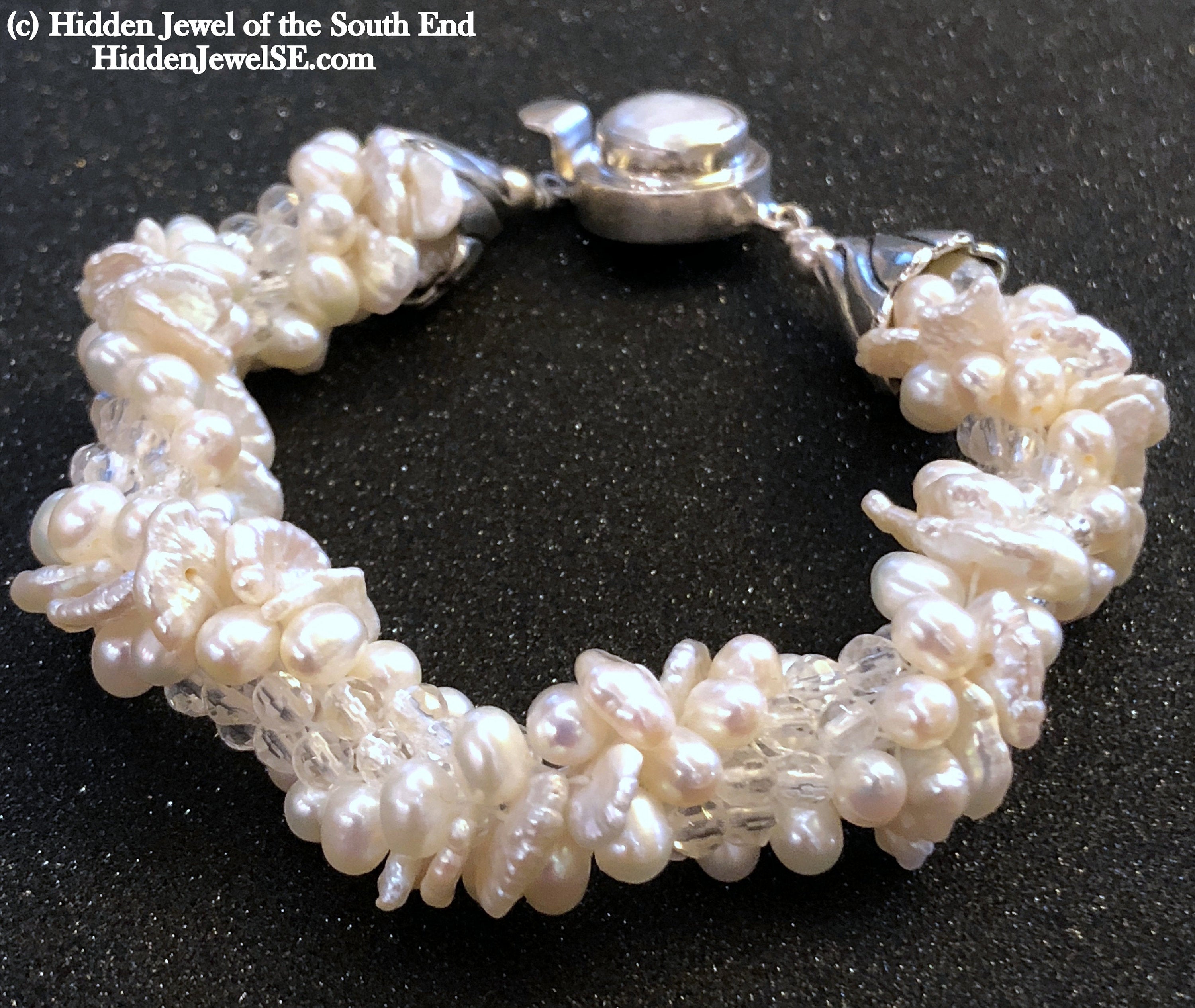 Pearl & Rock Crystal crocheted bracelet, Jewelry