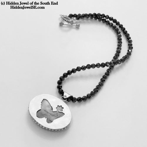 Black Spinel necklace with Dendrictic Opal, Black Tie jewelry