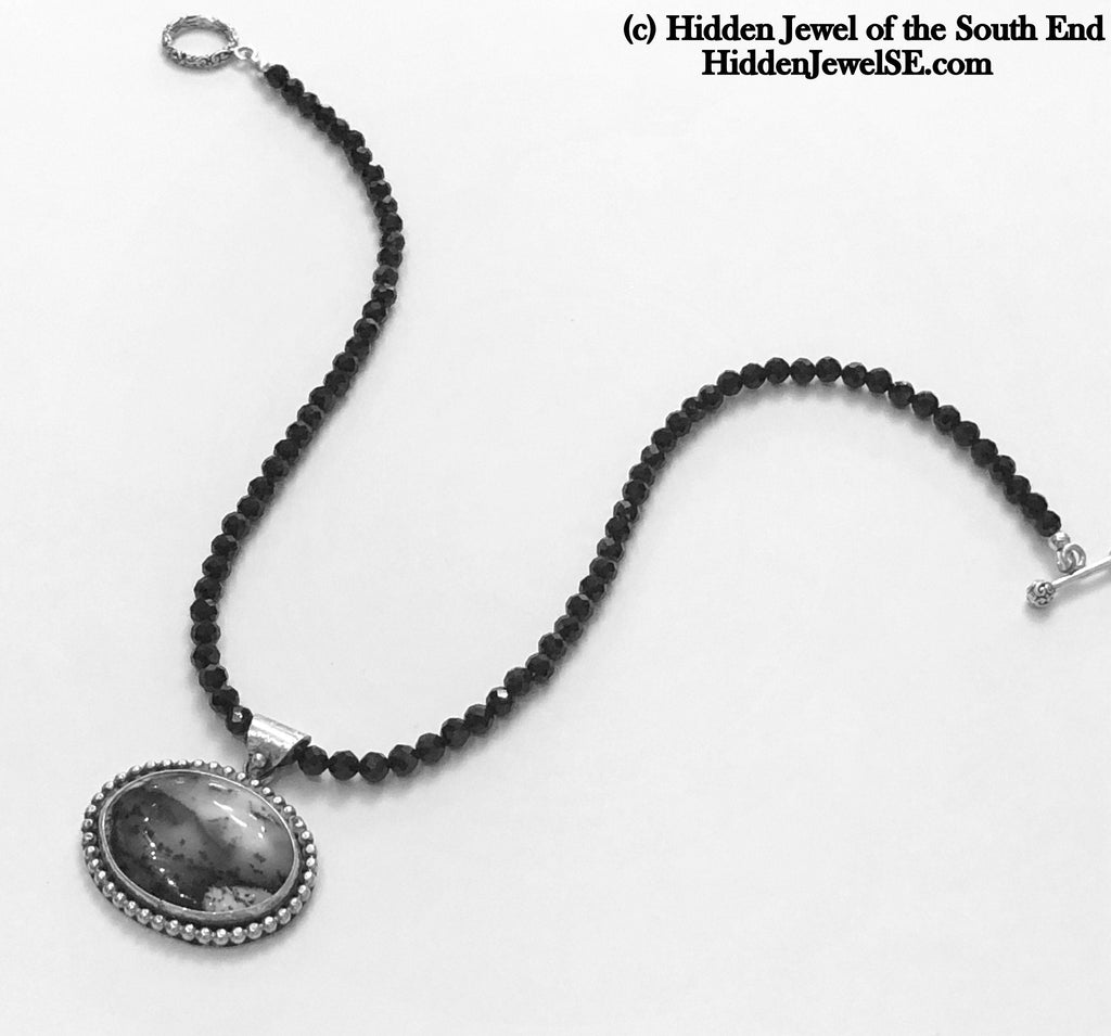 Black Spinel necklace with Dendrictic Opal, Black Tie jewelry