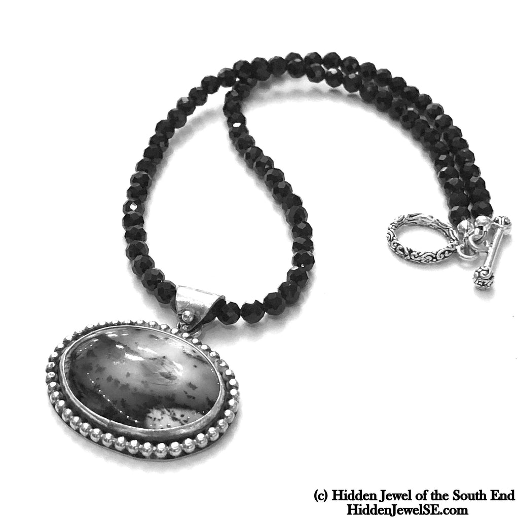 Black Spinel necklace with Dendrictic Opal, Black Tie jewelry
