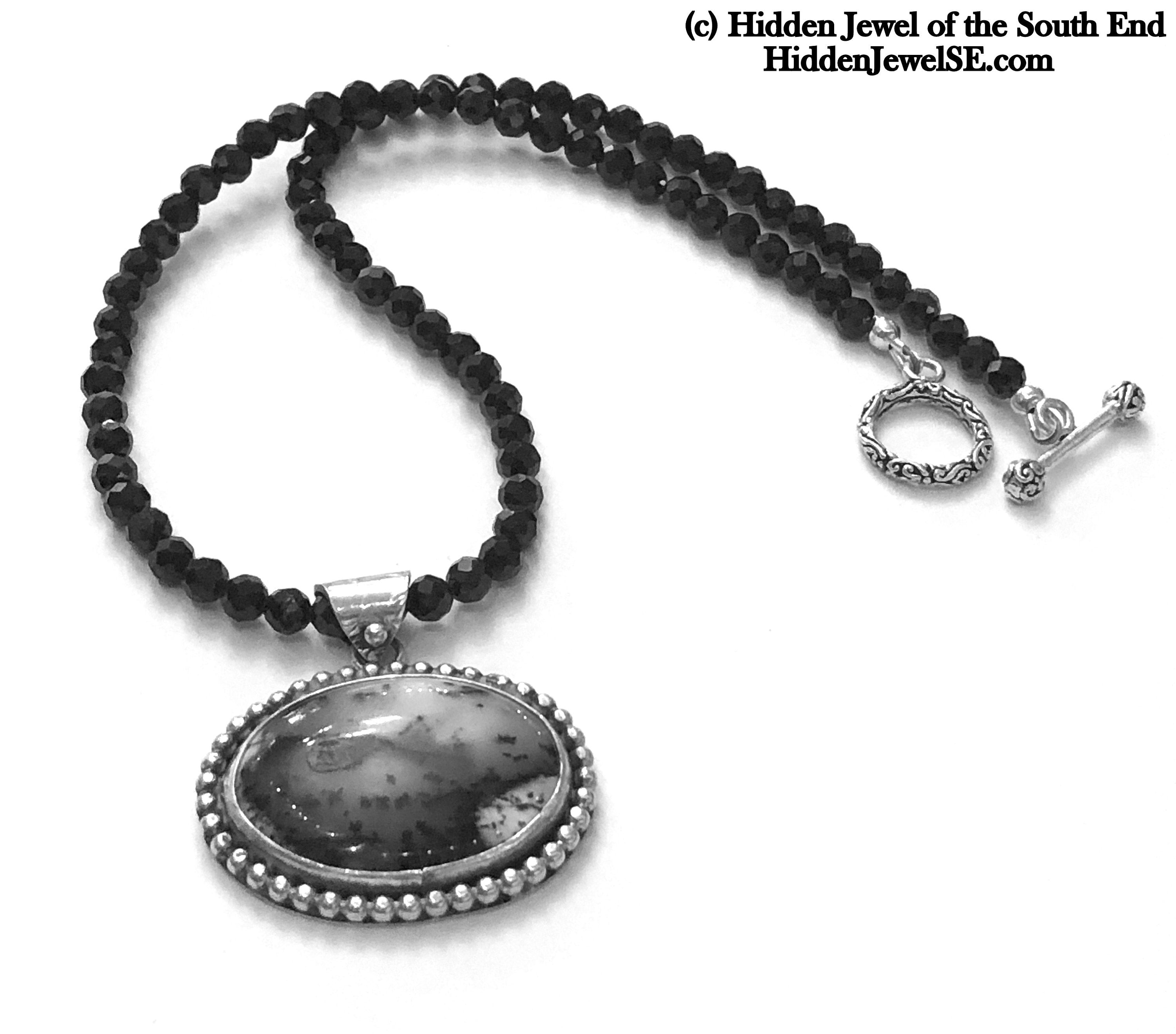 Black Spinel necklace with Dendrictic Opal, Black Tie jewelry