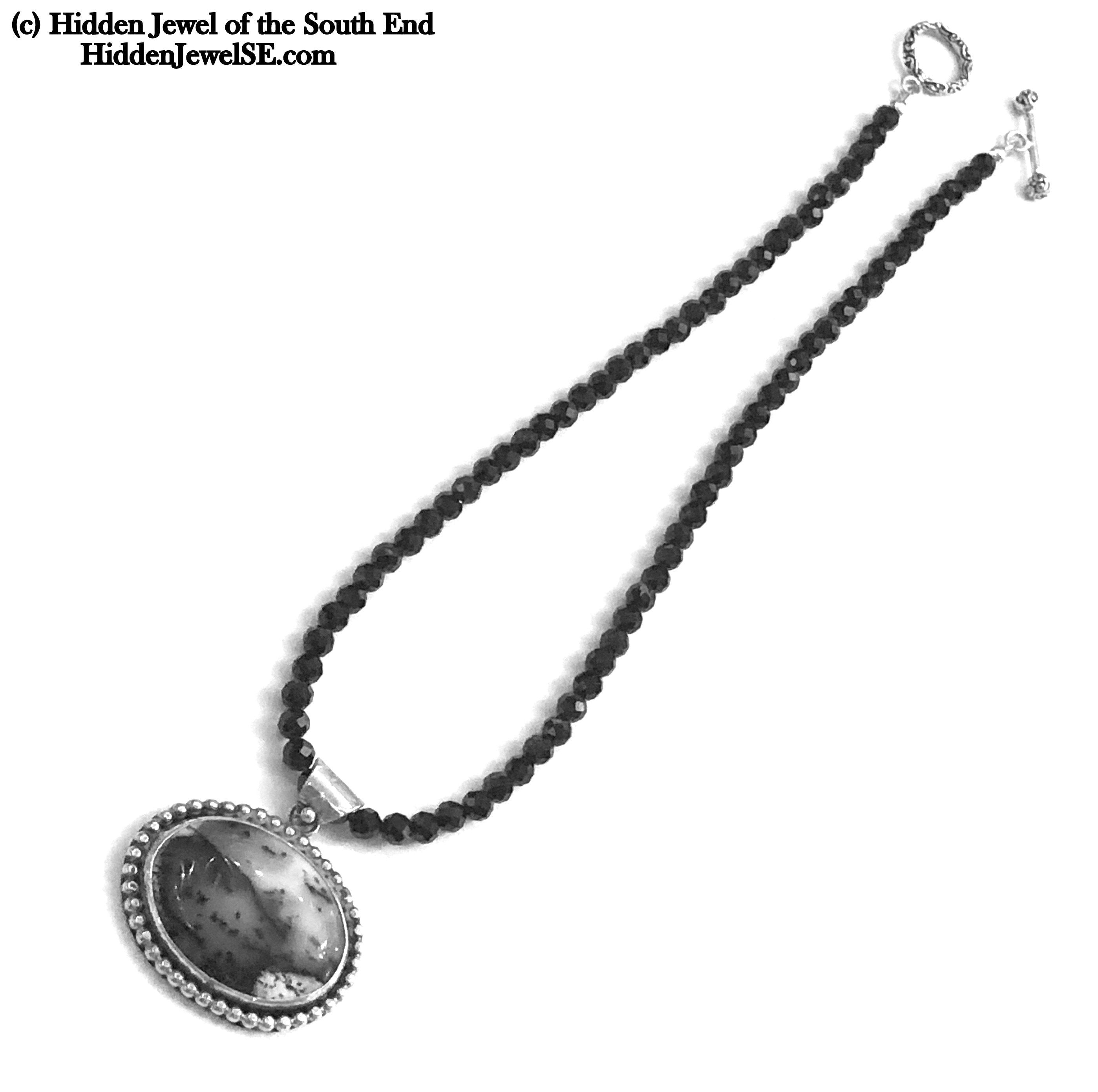 Black Spinel necklace with Dendrictic Opal, Black Tie jewelry