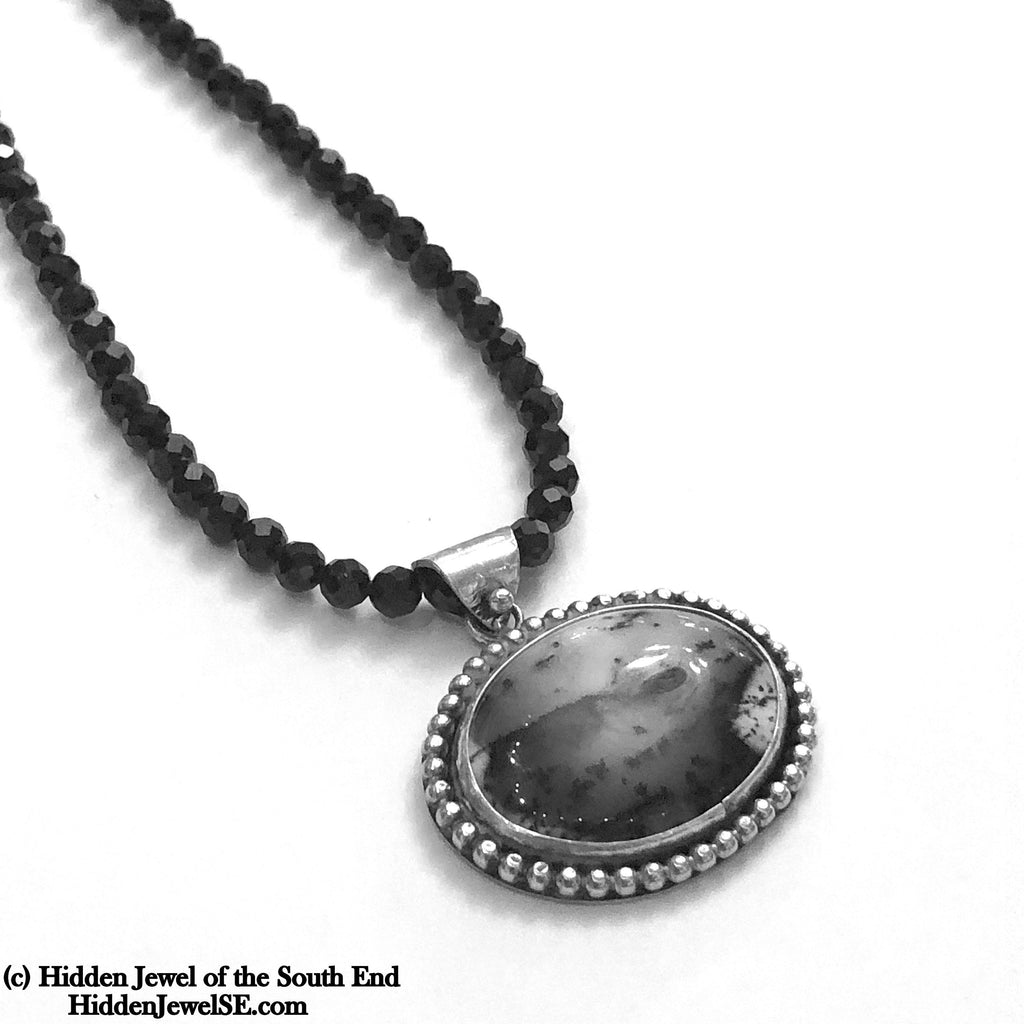 Black Spinel necklace with Dendrictic Opal, Black Tie jewelry