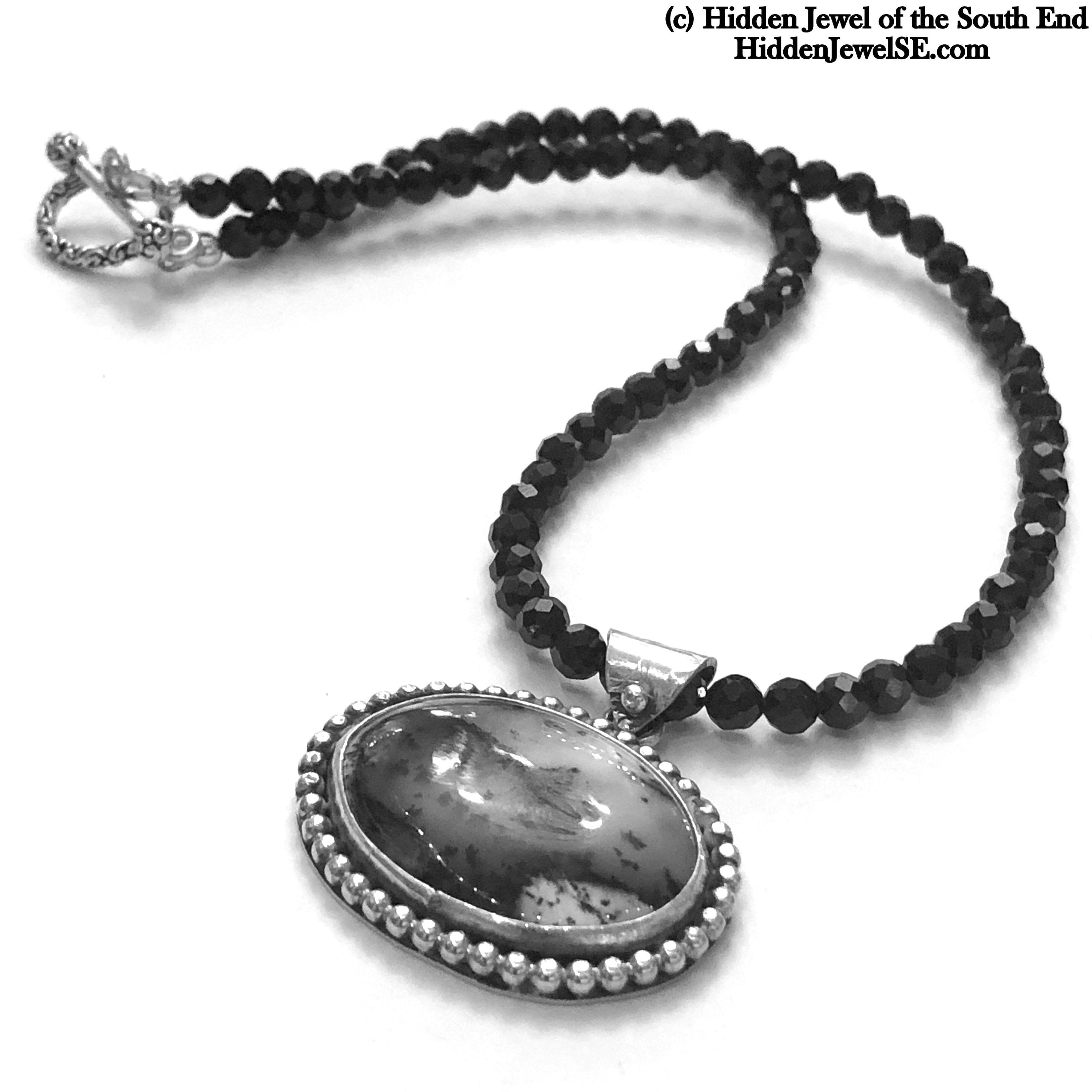 Black Spinel necklace with Dendrictic Opal, Black Tie jewelry