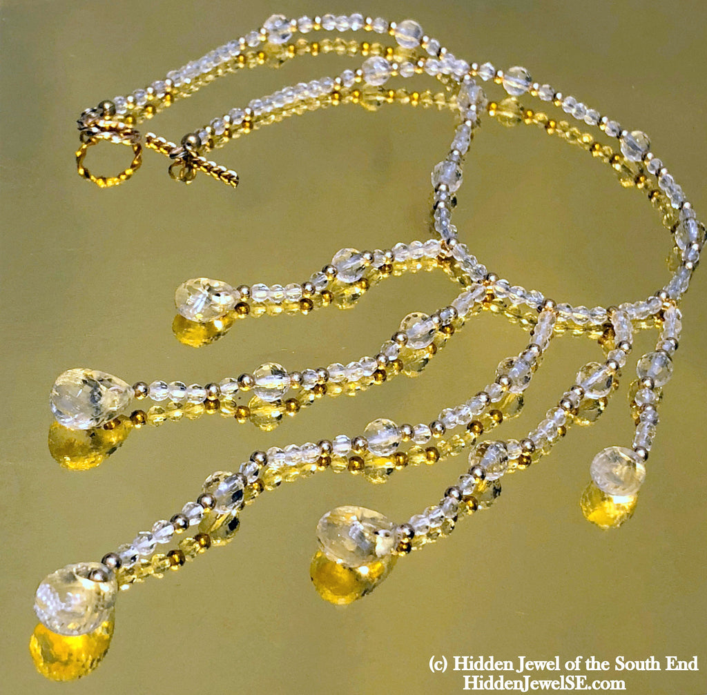 Quartz with Gold flakes and gold filled gemstone necklace, 16.5"