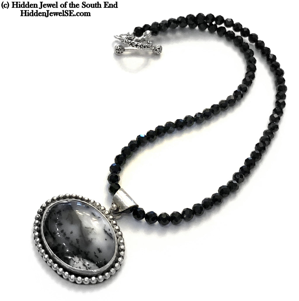 Black Spinel necklace with Dendrictic Opal, Black Tie jewelry