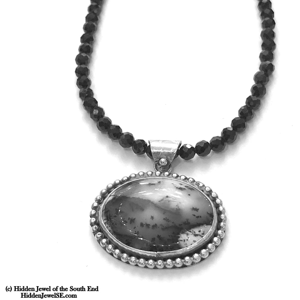 Black Spinel necklace with Dendrictic Opal, Black Tie jewelry