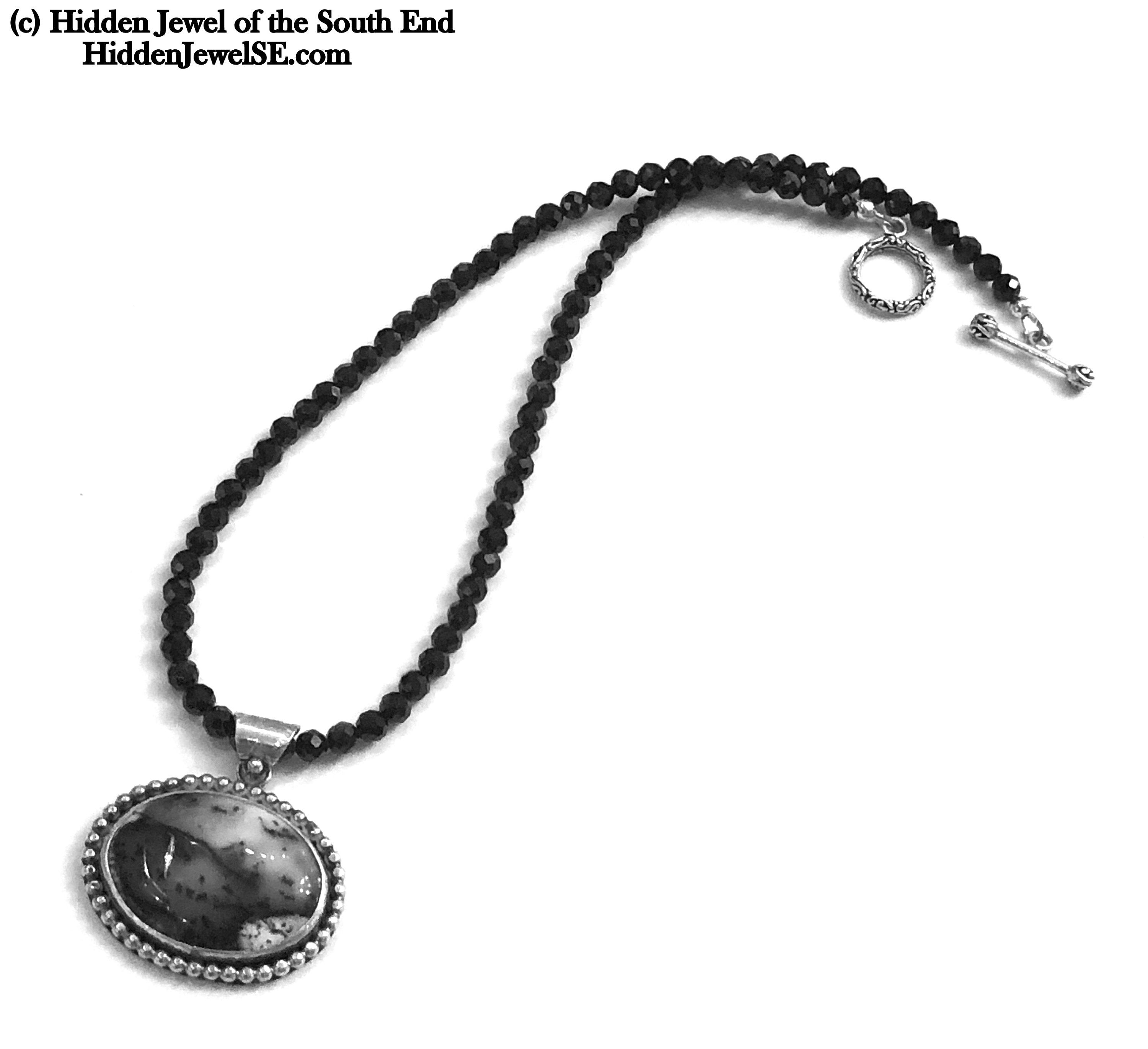 Black Spinel necklace with Dendrictic Opal, Black Tie jewelry