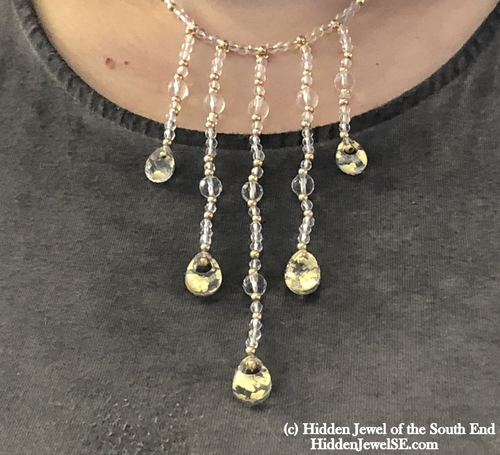 Quartz with Gold flakes and gold filled gemstone necklace, 16.5"