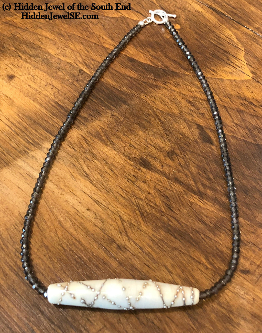 Single strand faceted Smokey Quartz Necklace with Lamp-work Glass centerpiece