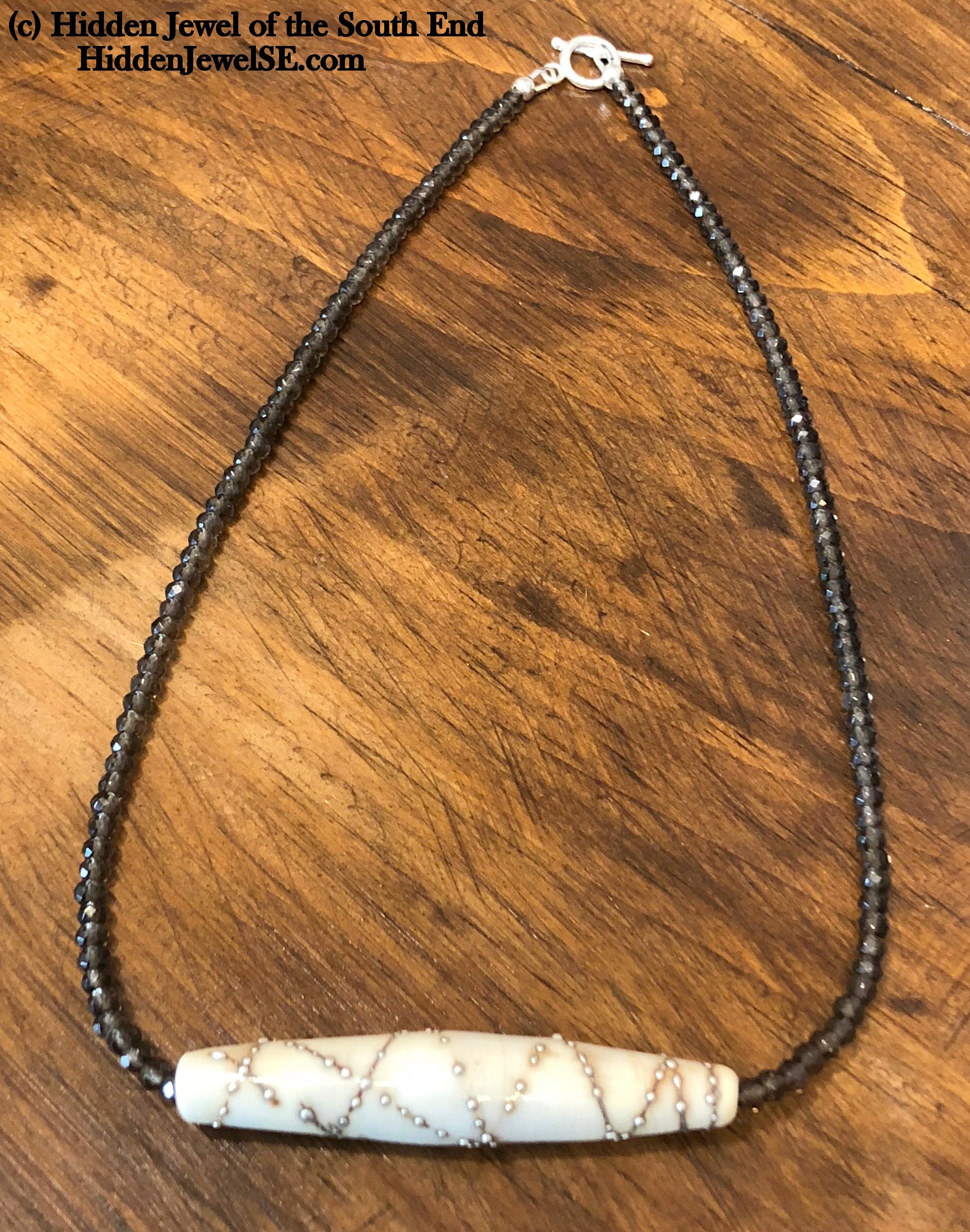 Single strand faceted Smokey Quartz Necklace with Lamp-work Glass centerpiece