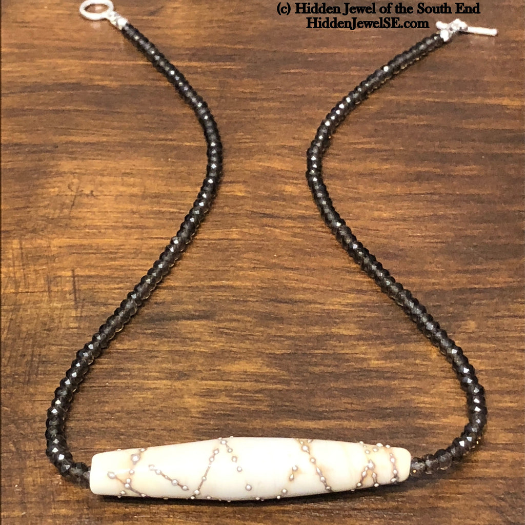 Single strand faceted Smokey Quartz Necklace with Lamp-work Glass centerpiece