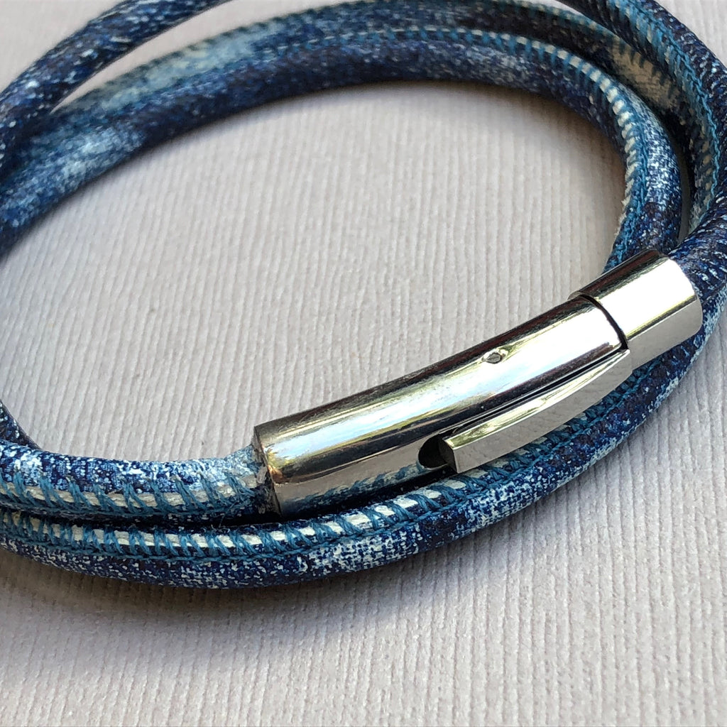 Unisex blue denim wrapped Leather round bangle size 7