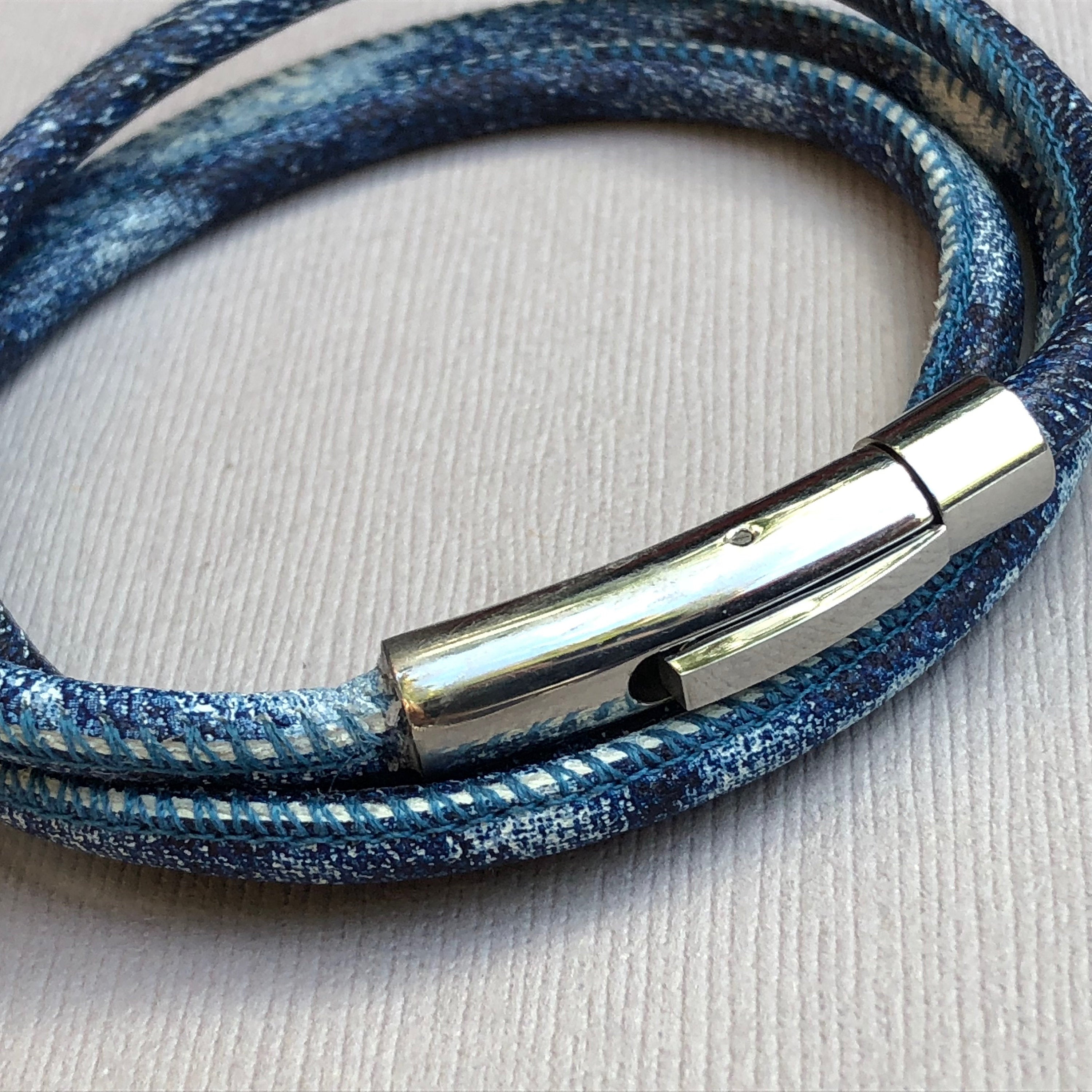 Unisex blue denim wrapped Leather round bangle size 7