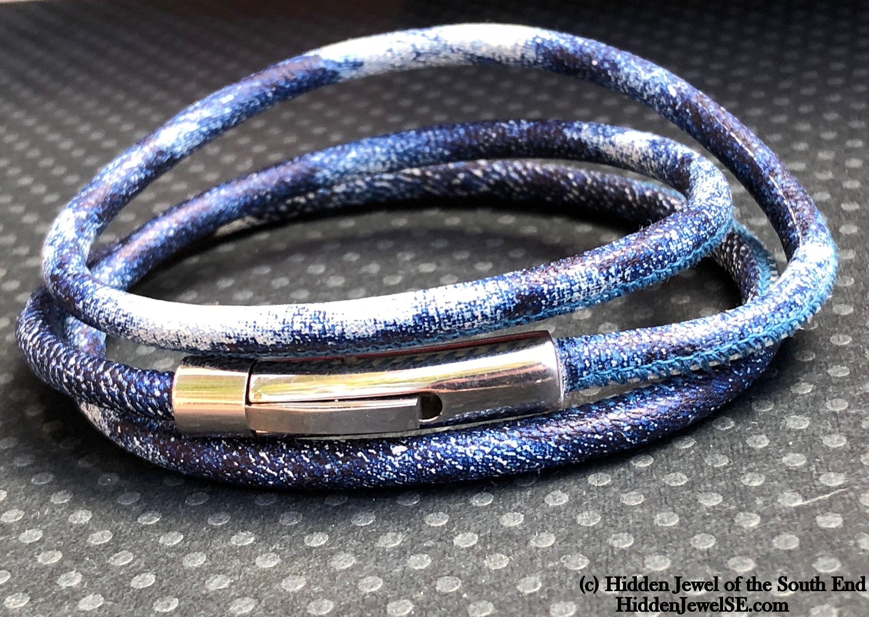 Unisex blue denim wrapped Leather round bangle size 7