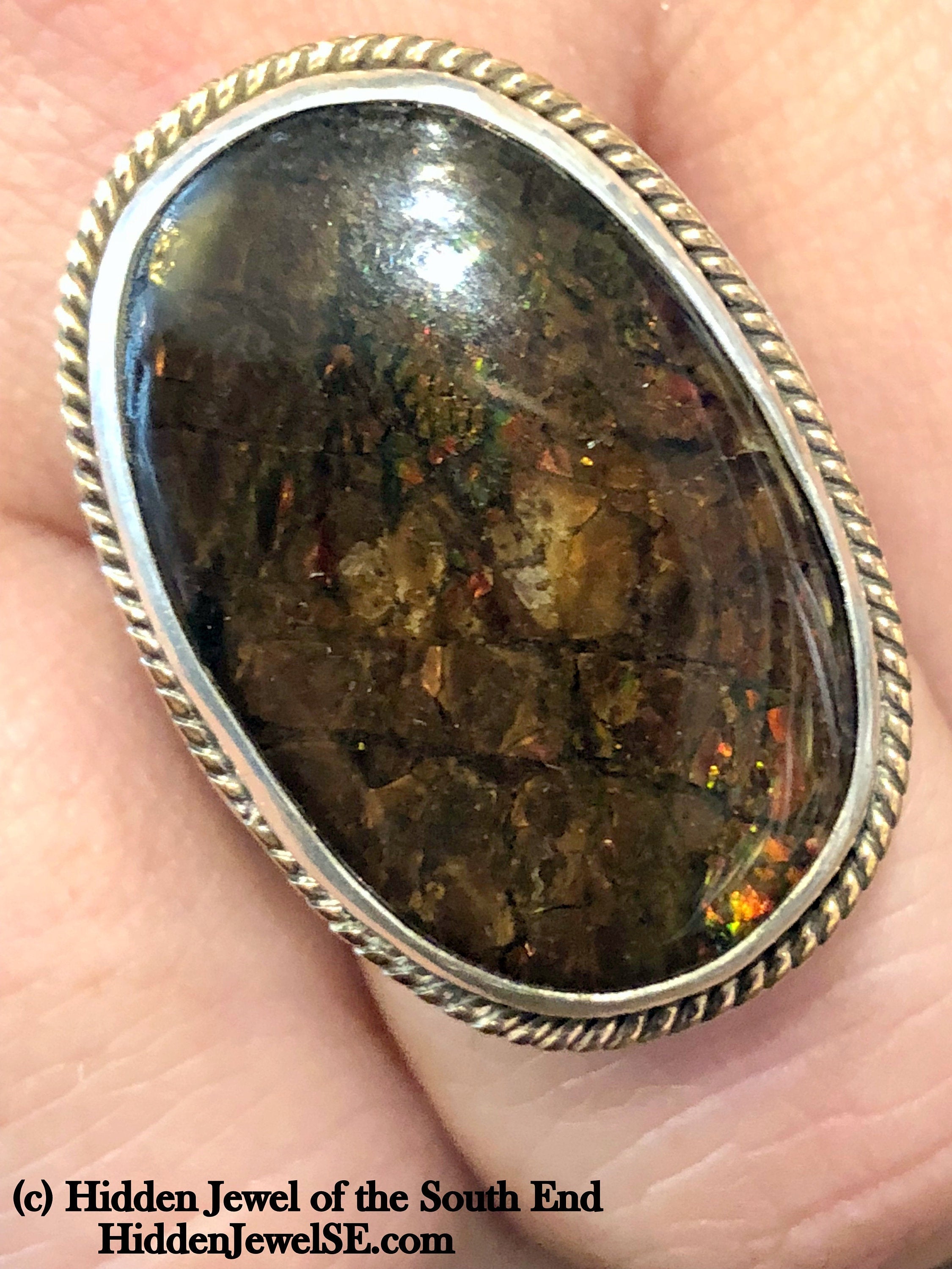 Ammolite Sterling Silver bezel set split shank gemstone ring, jewelry