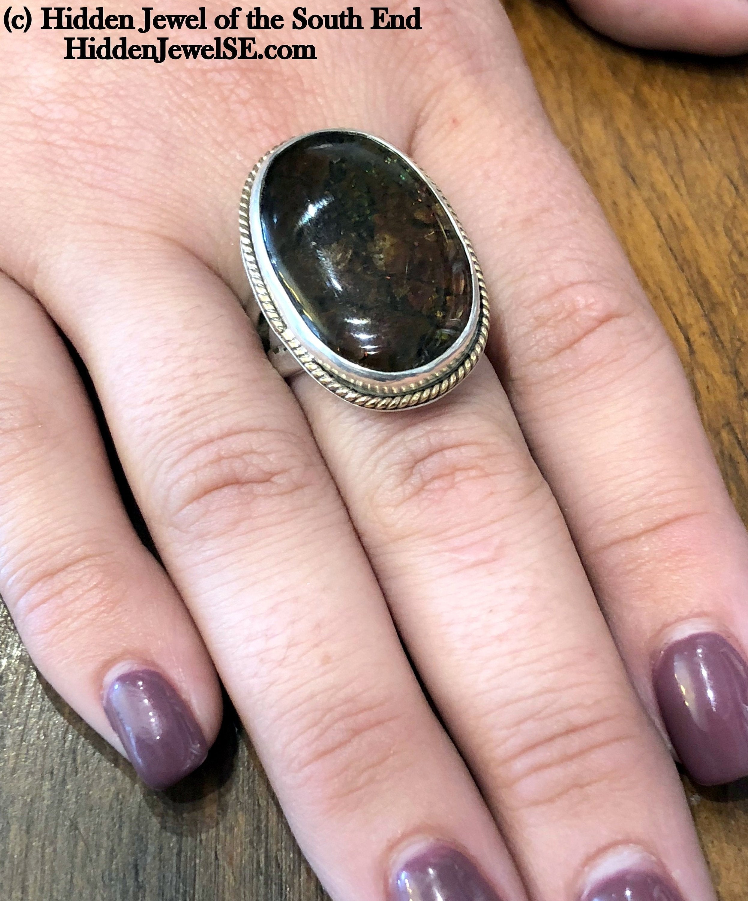 Ammolite Sterling Silver bezel set split shank gemstone ring, jewelry