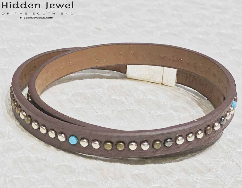 Light brown turquoise studded wrapped Leather flat bangle sz8.75