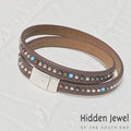 Light brown turquoise studded wrapped Leather flat bangle sz8.75