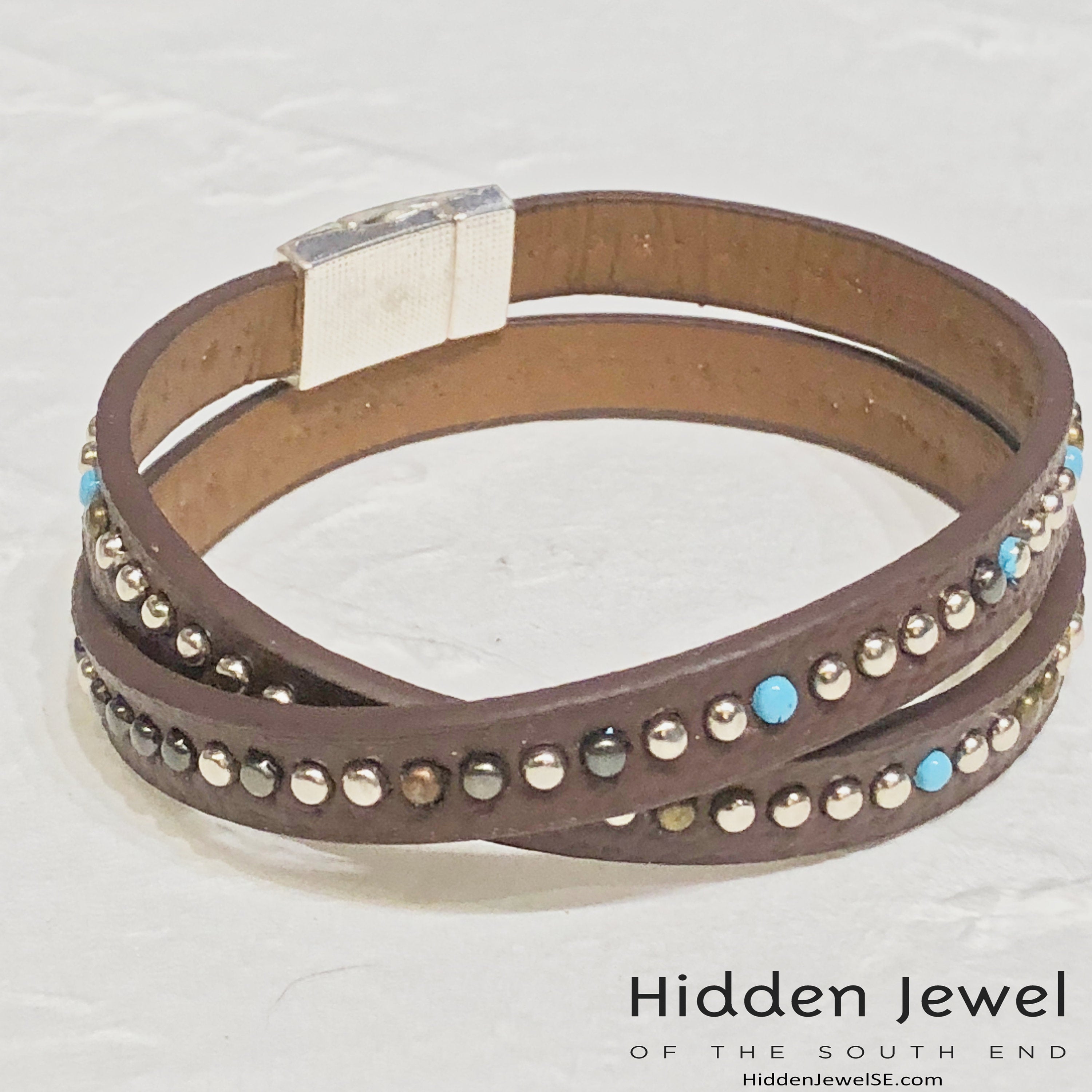 Light brown turquoise studded wrapped Leather flat bangle sz8.75