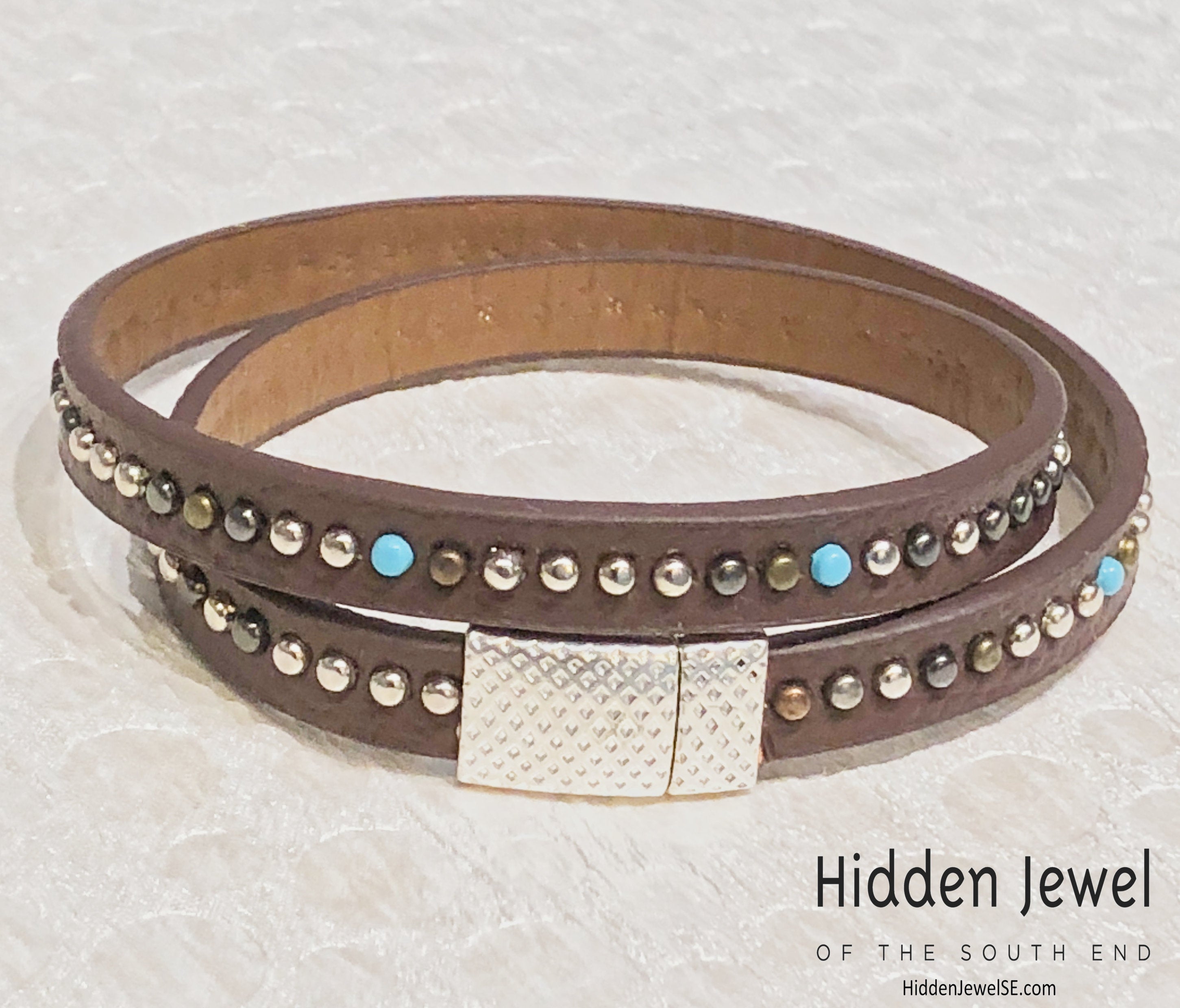 Light brown turquoise studded wrapped Leather flat bangle sz8.75