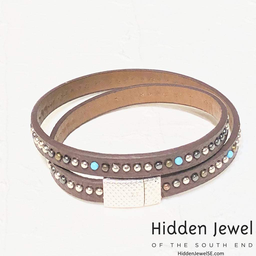 Light brown turquoise studded wrapped Leather flat bangle sz8.75