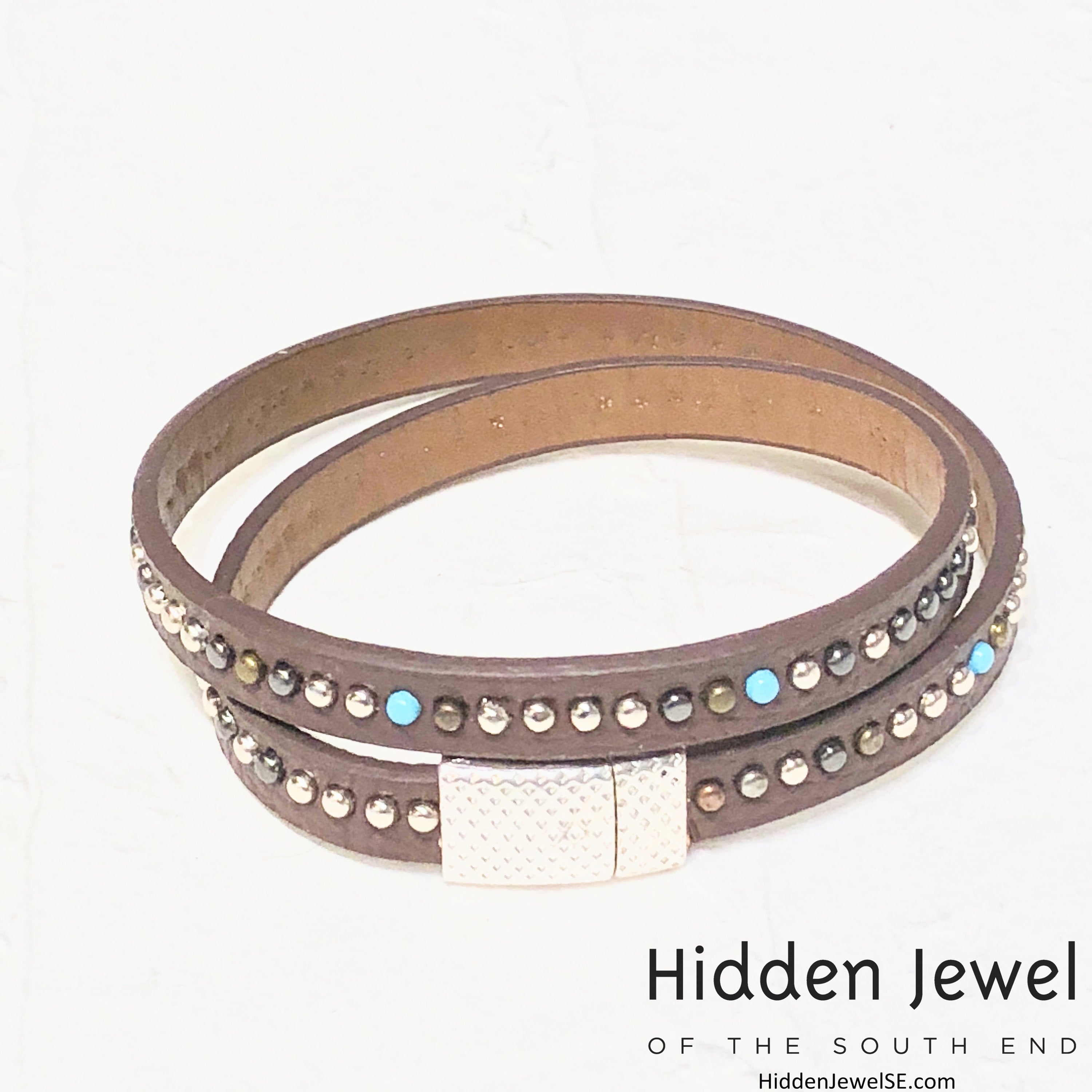 Light brown turquoise studded wrapped Leather flat bangle sz8.75