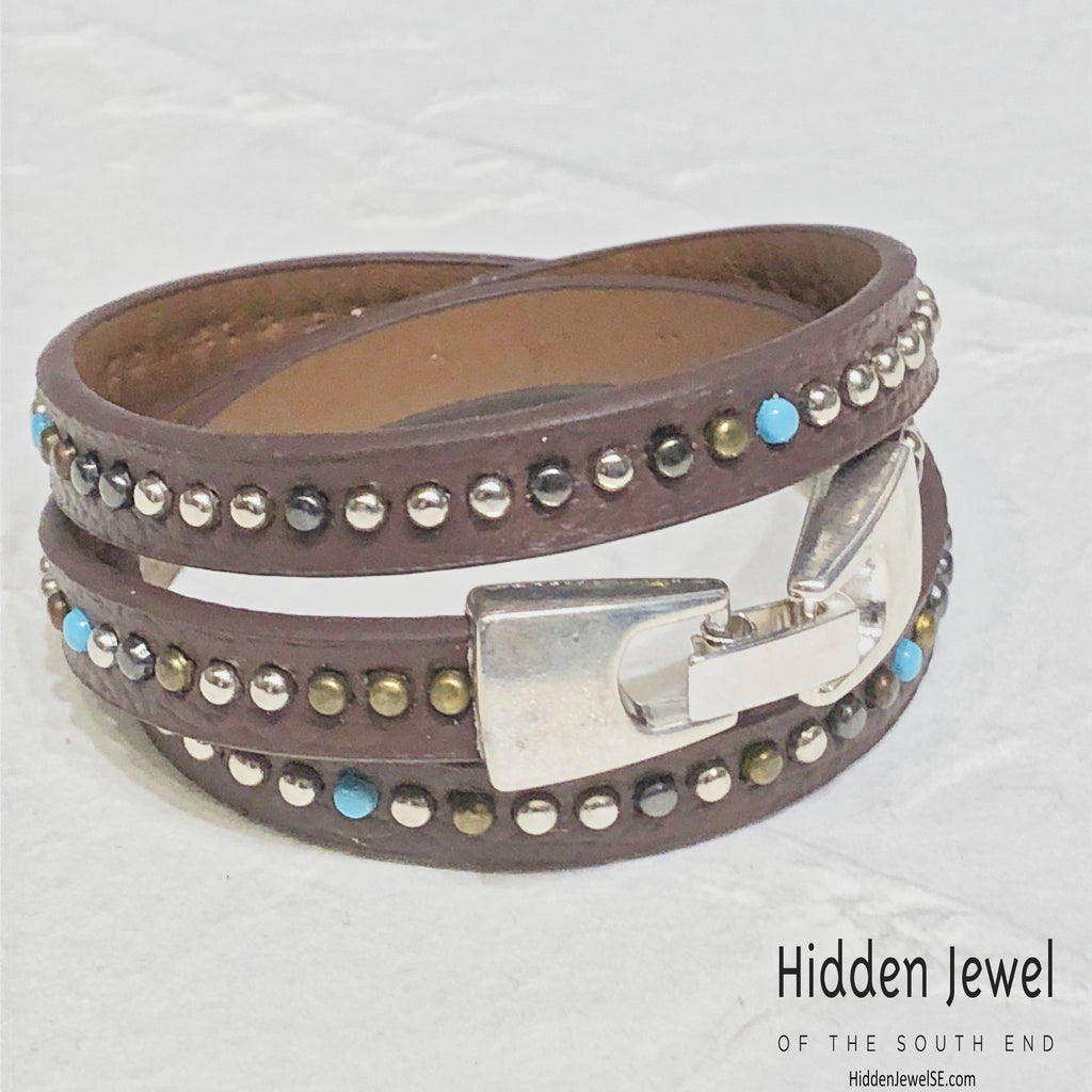 Light brown turquoise studded wrapped Leather flat bangle sz8.75
