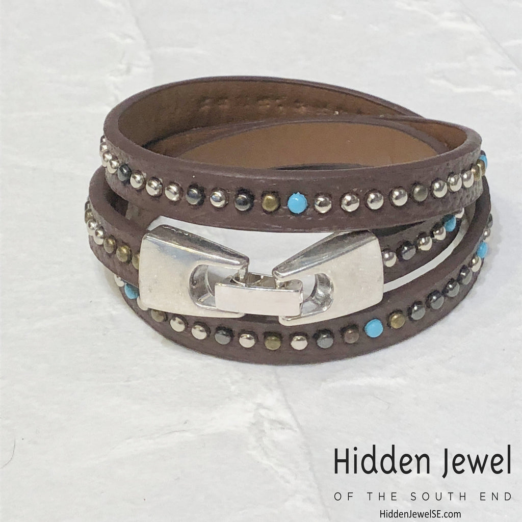 Light brown turquoise studded wrapped Leather flat bangle sz8.75