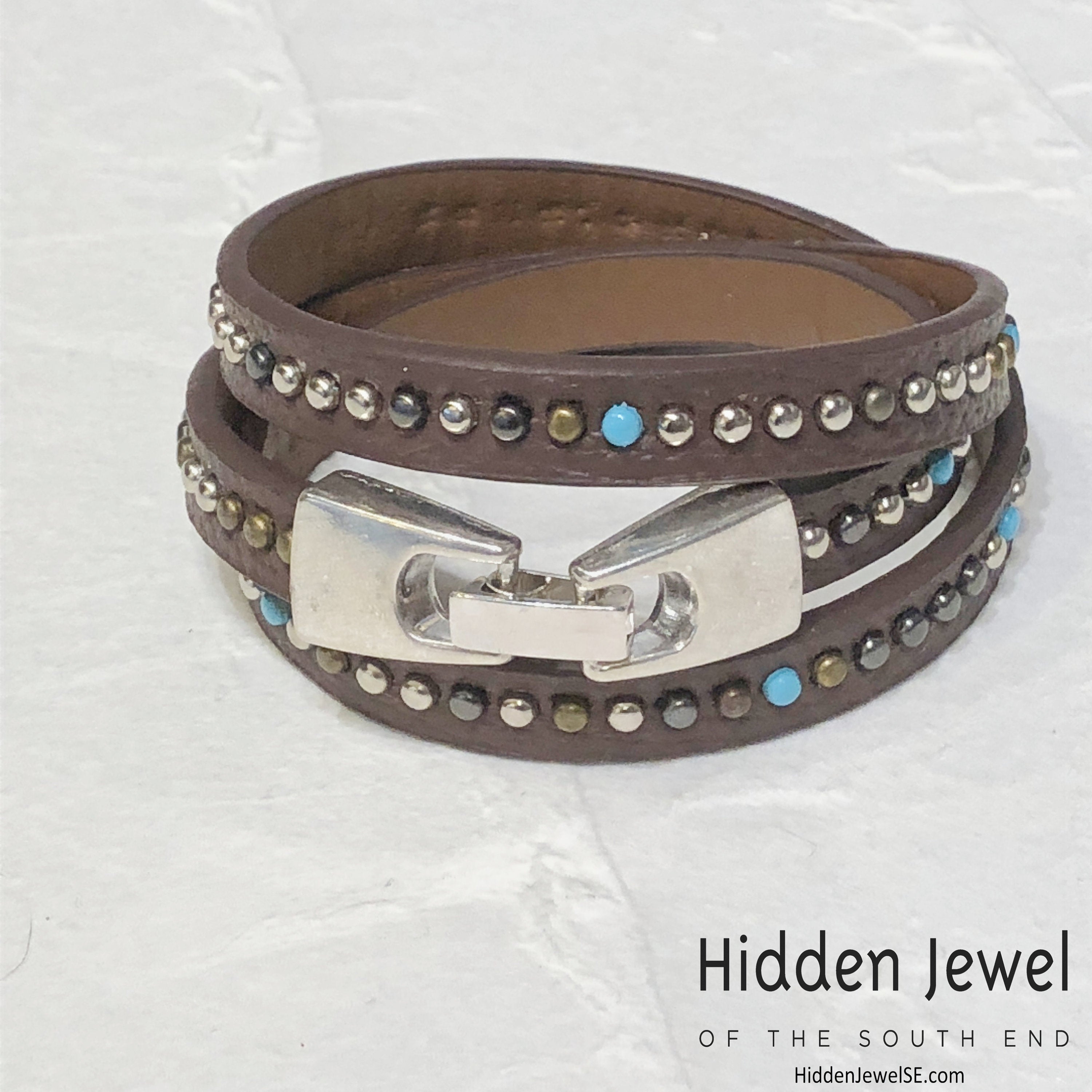 Light brown turquoise studded wrapped Leather flat bangle sz8.75