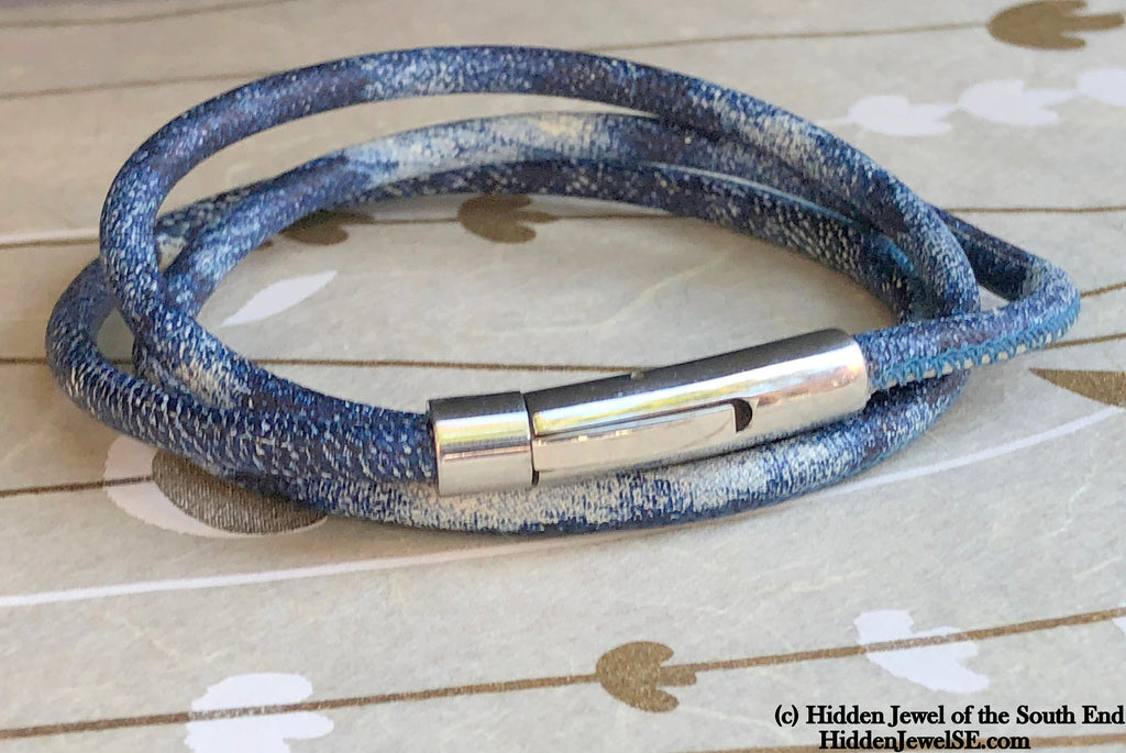 Unisex blue denim wrapped Leather round bangle size 7