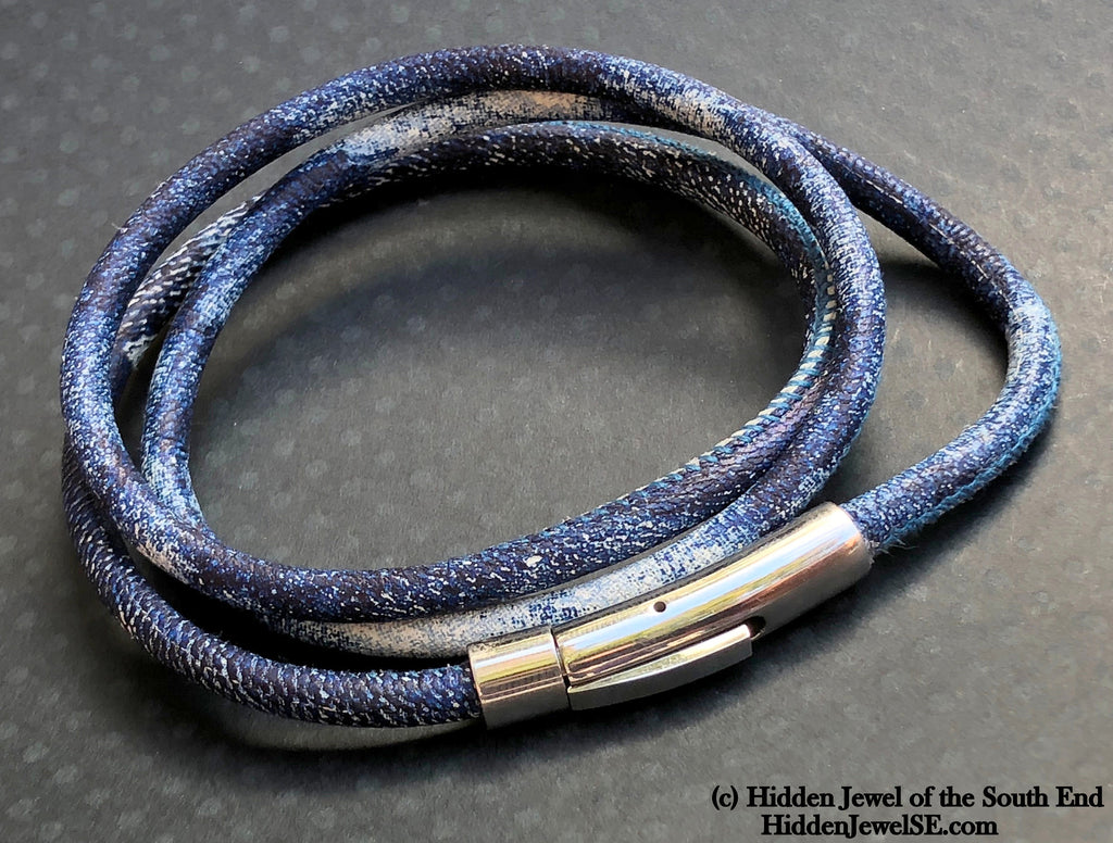 Unisex blue denim wrapped Leather round bangle size 7