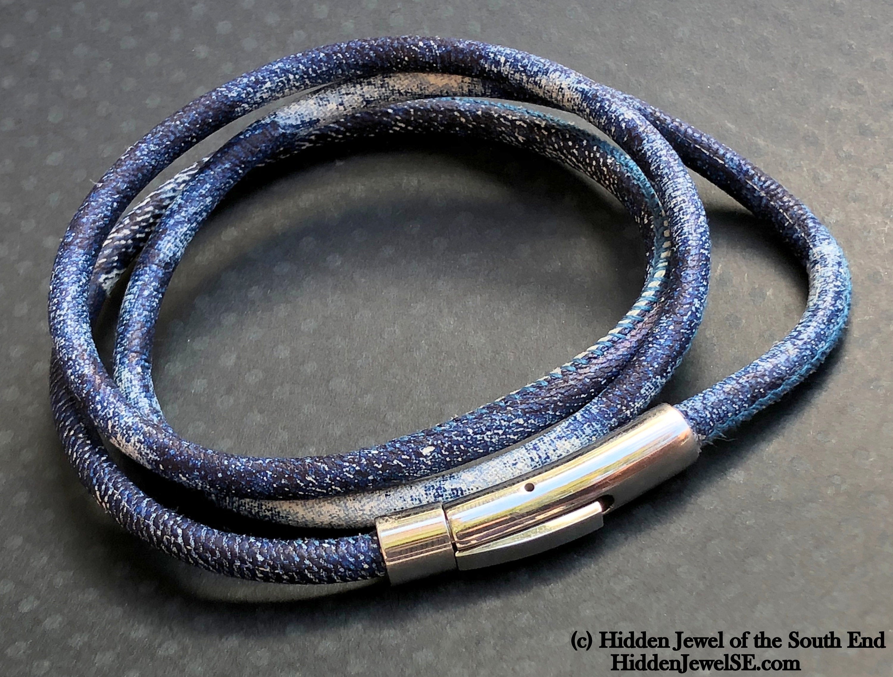 Unisex blue denim wrapped Leather round bangle size 7