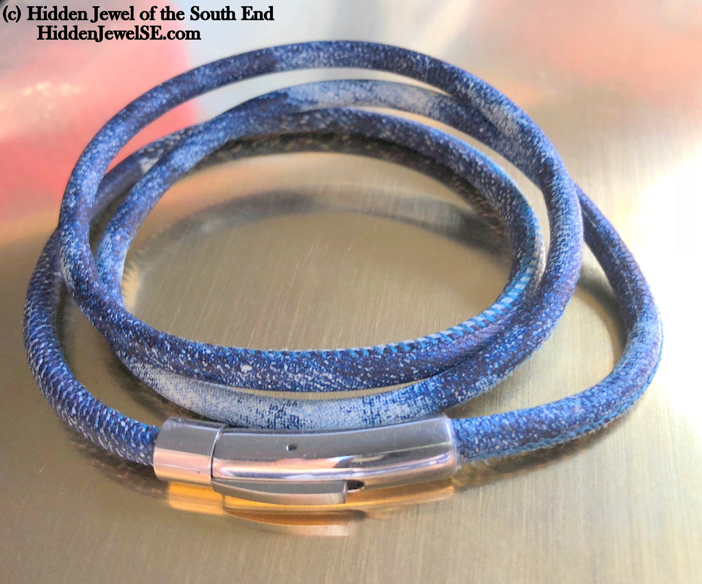 Unisex blue denim wrapped Leather round bangle size 7