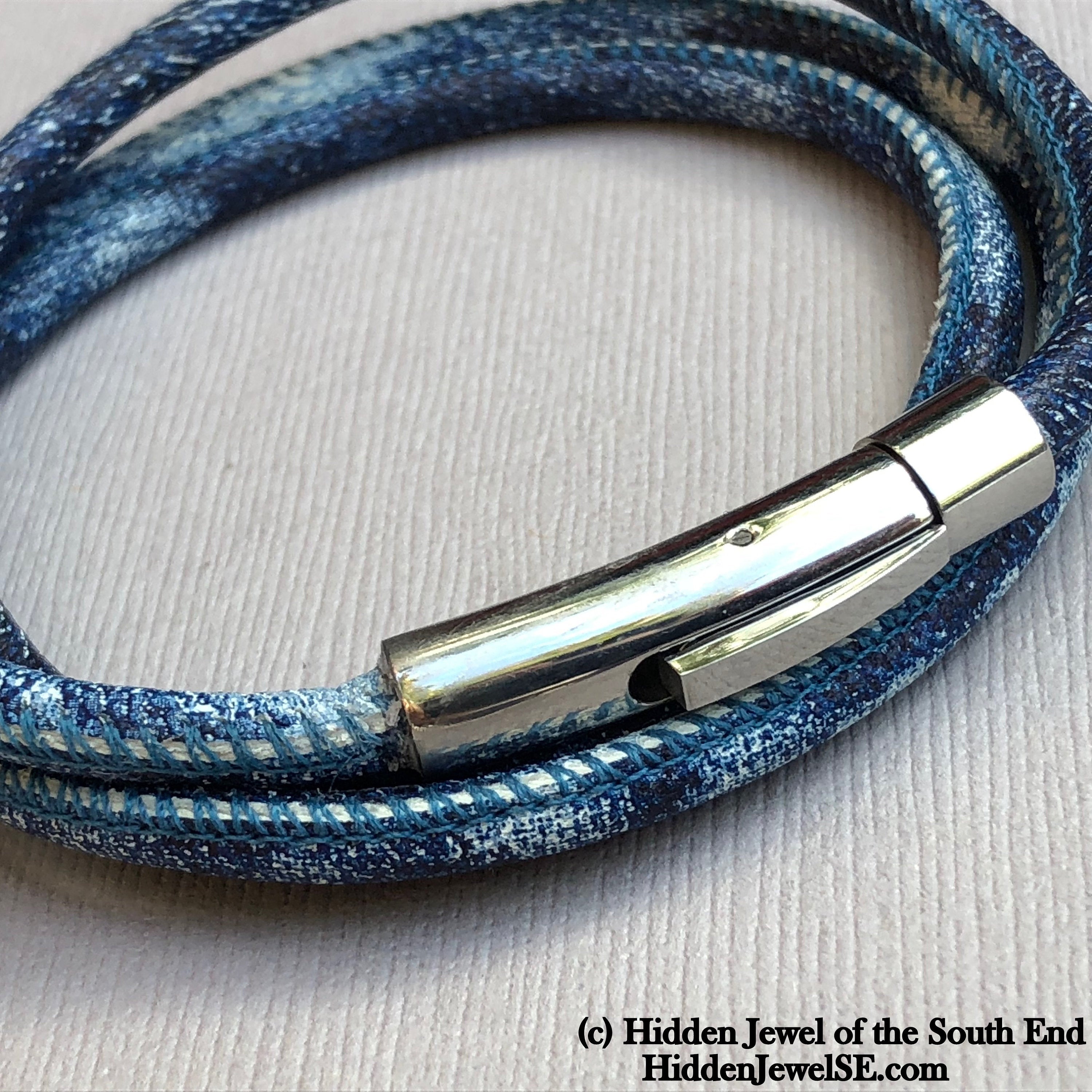Unisex blue denim wrapped Leather round bangle size 7