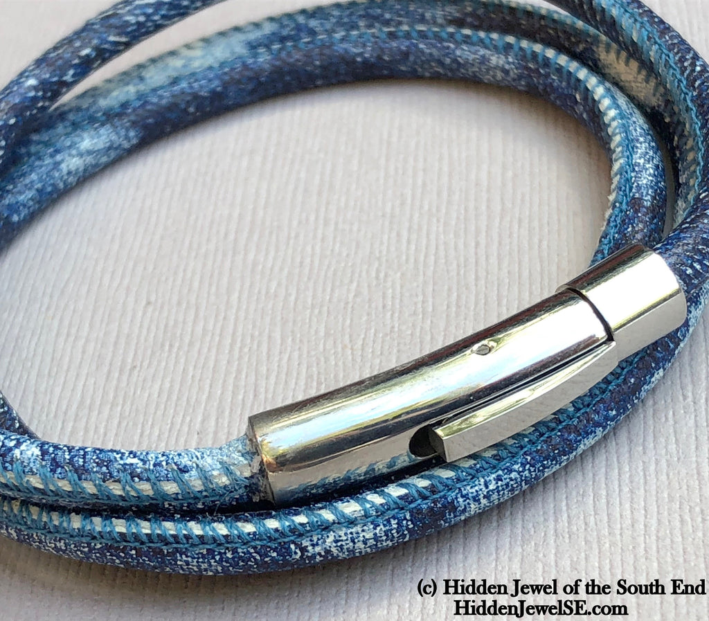 Unisex blue denim wrapped Leather round bangle size 7