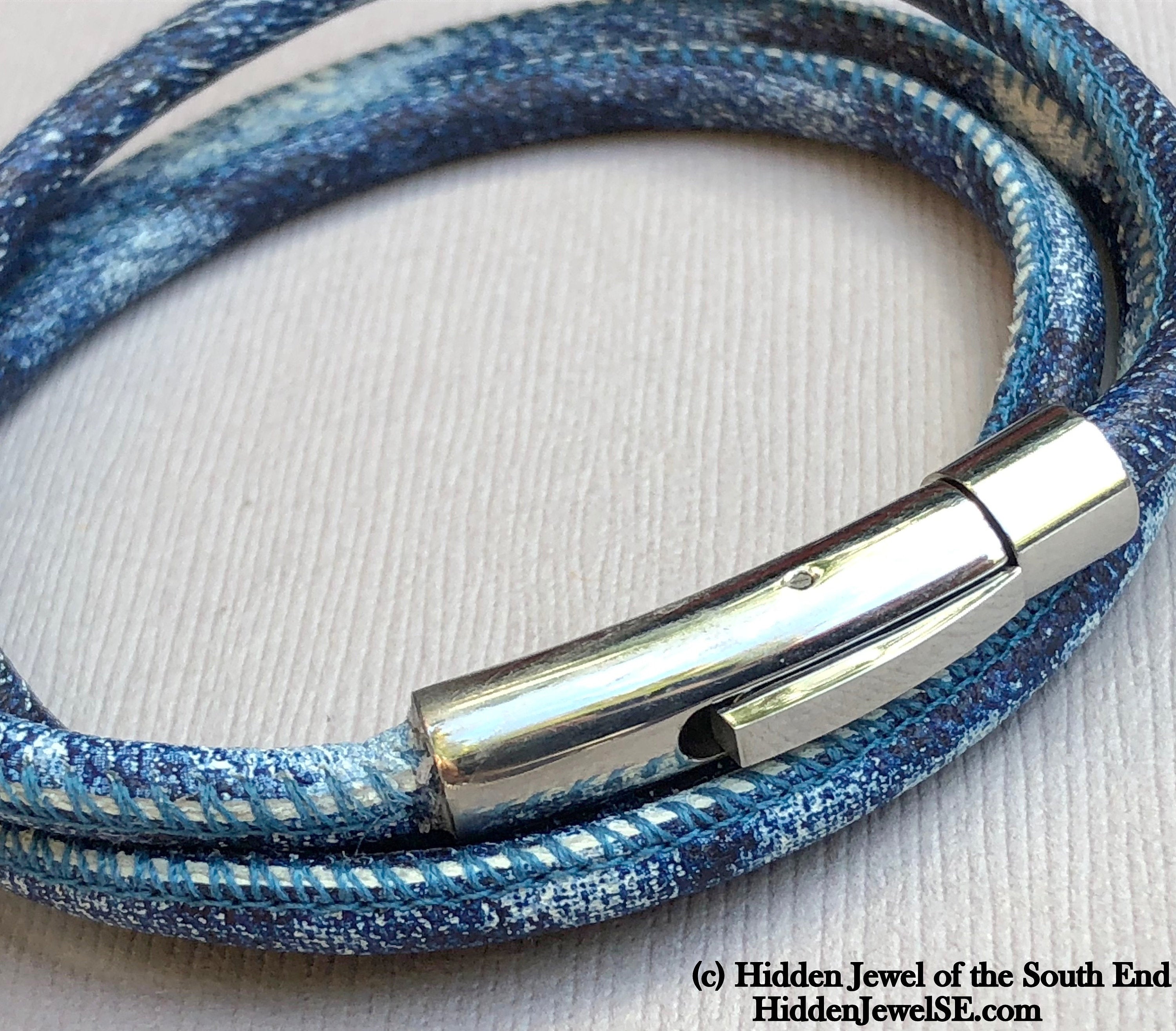 Unisex blue denim wrapped Leather round bangle size 7
