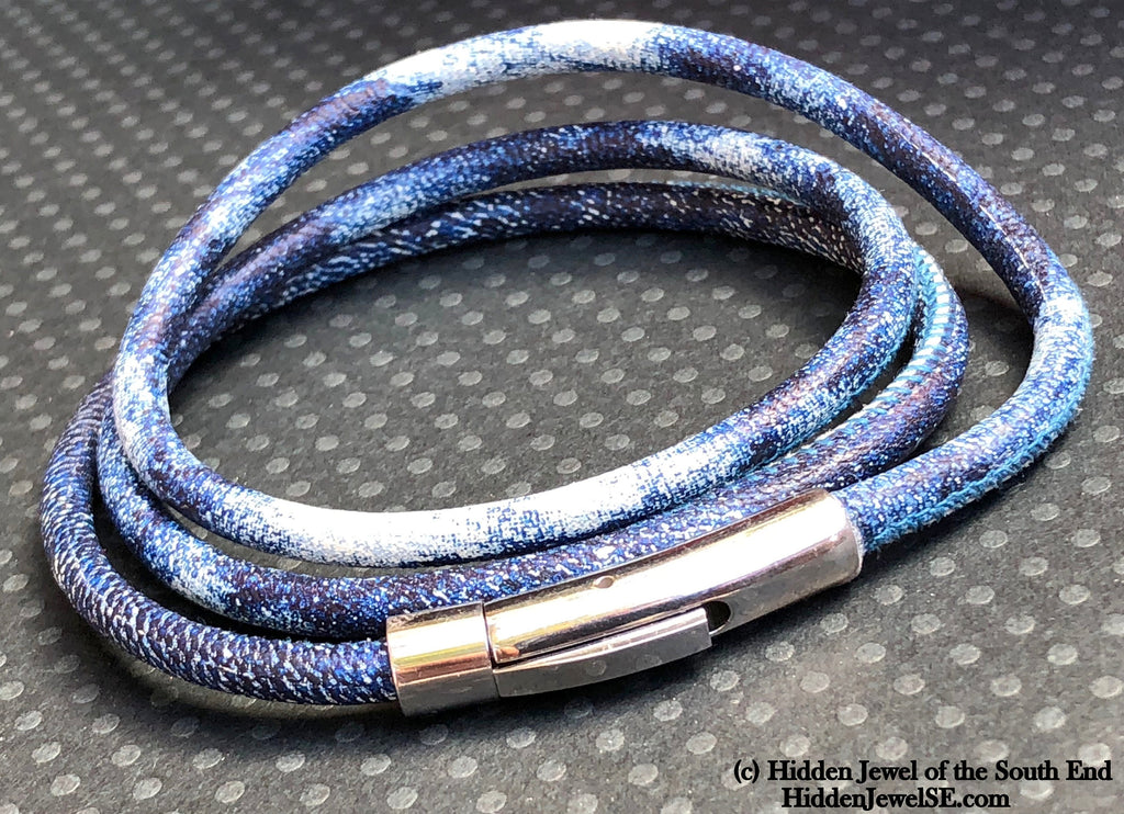 Unisex blue denim wrapped Leather round bangle size 7