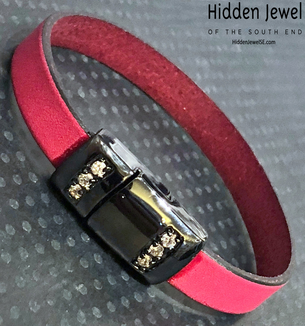 Hot pink Leather flat bangle with magnetic black pave crystal clasp, size 7