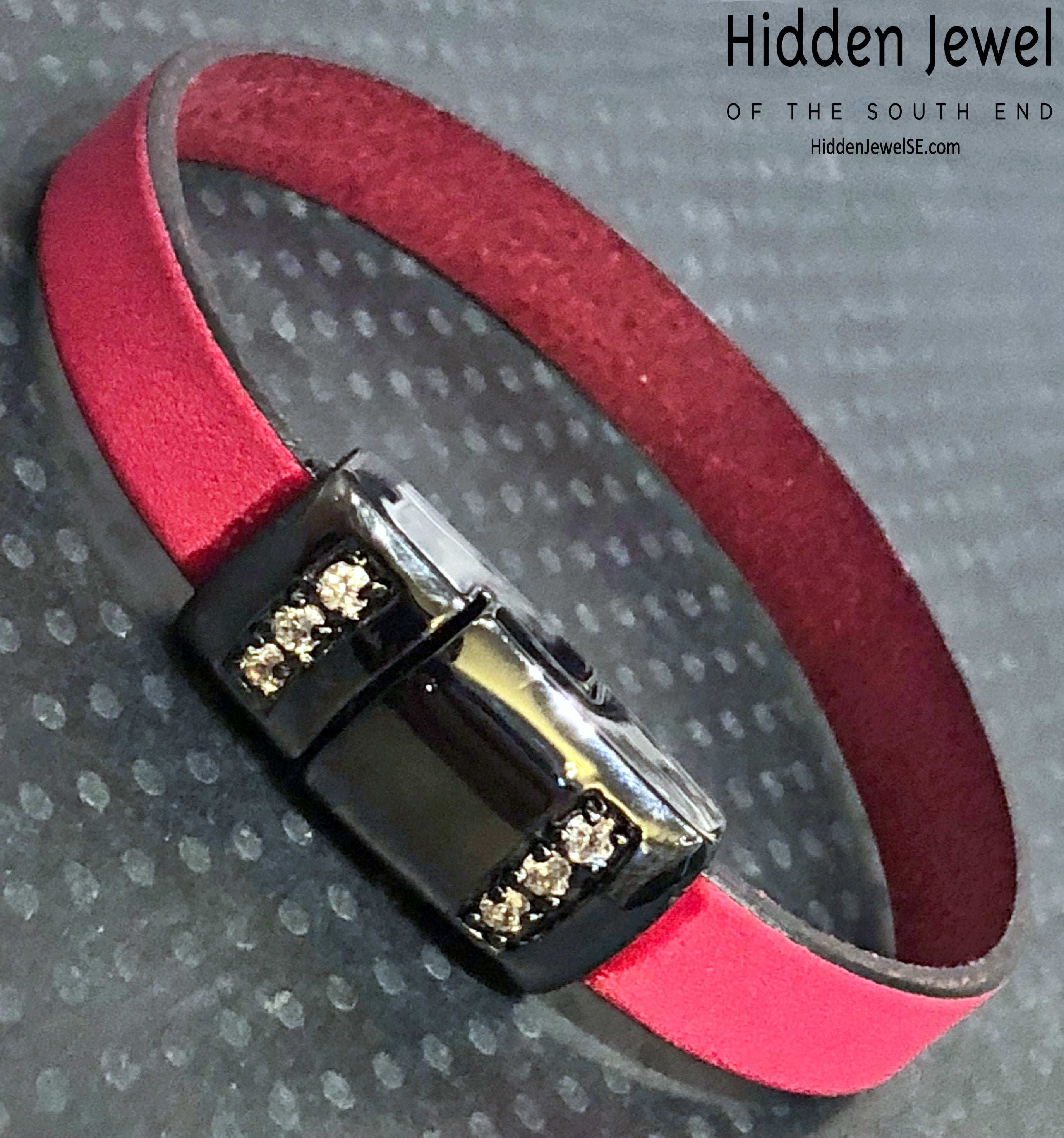 Hot pink Leather flat bangle with magnetic black pave crystal clasp, size 7