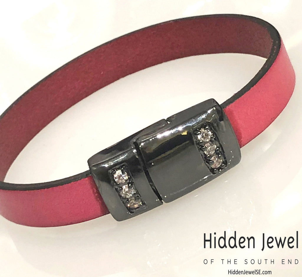 Hot pink Leather flat bangle with magnetic black pave crystal clasp, size 7