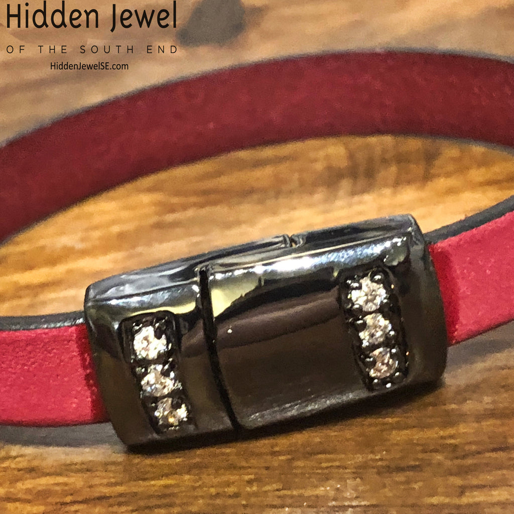 Hot pink Leather flat bangle with magnetic black pave crystal clasp, size 7