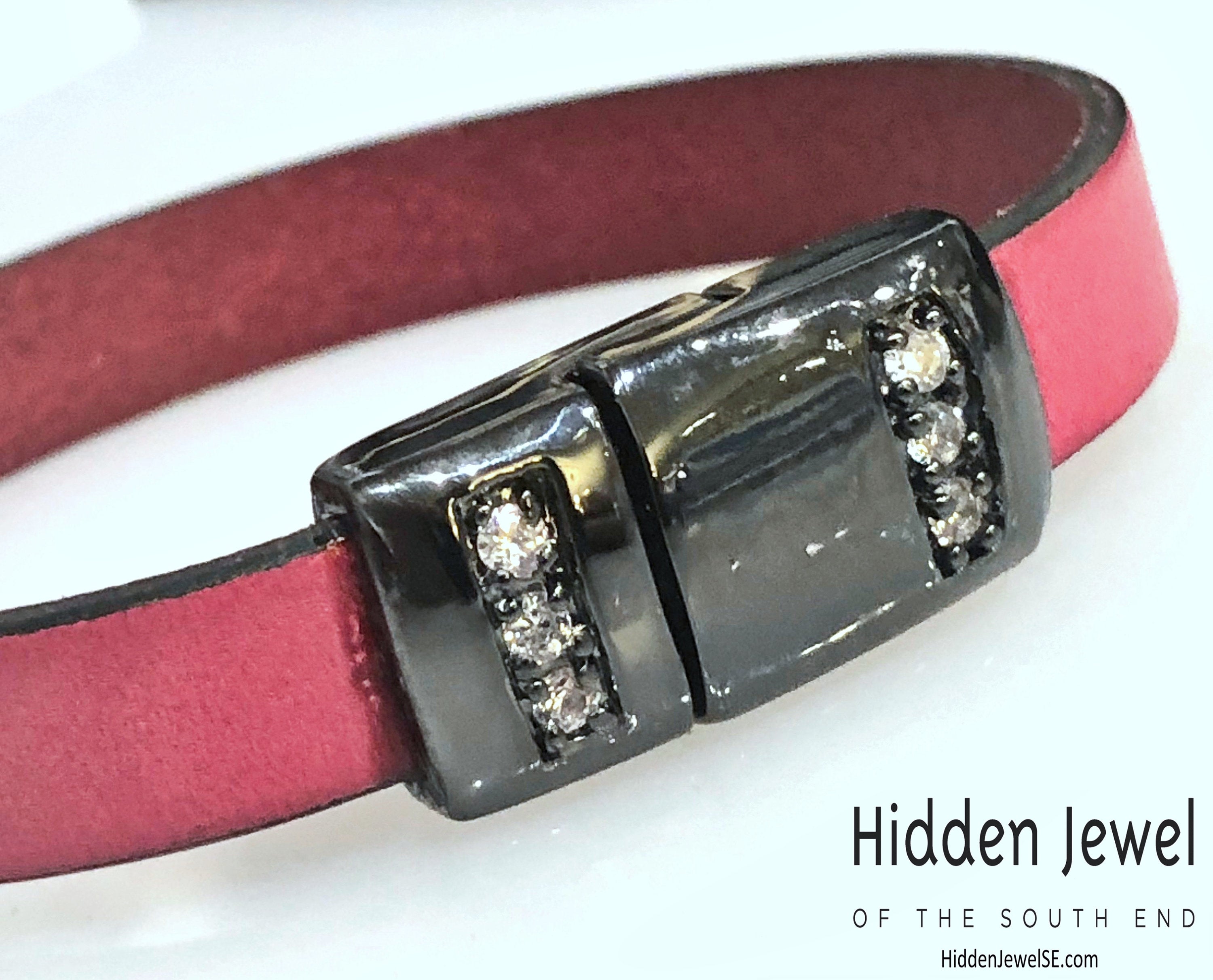 Hot pink Leather flat bangle with magnetic black pave crystal clasp, size 7