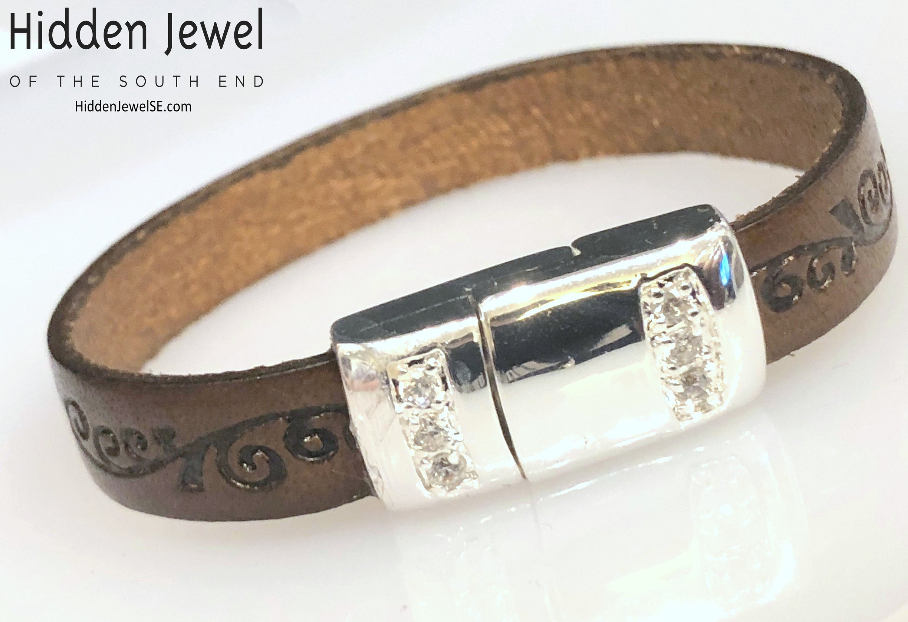 Patterned brown wrapped Leather flat bangle Bracelet size 7