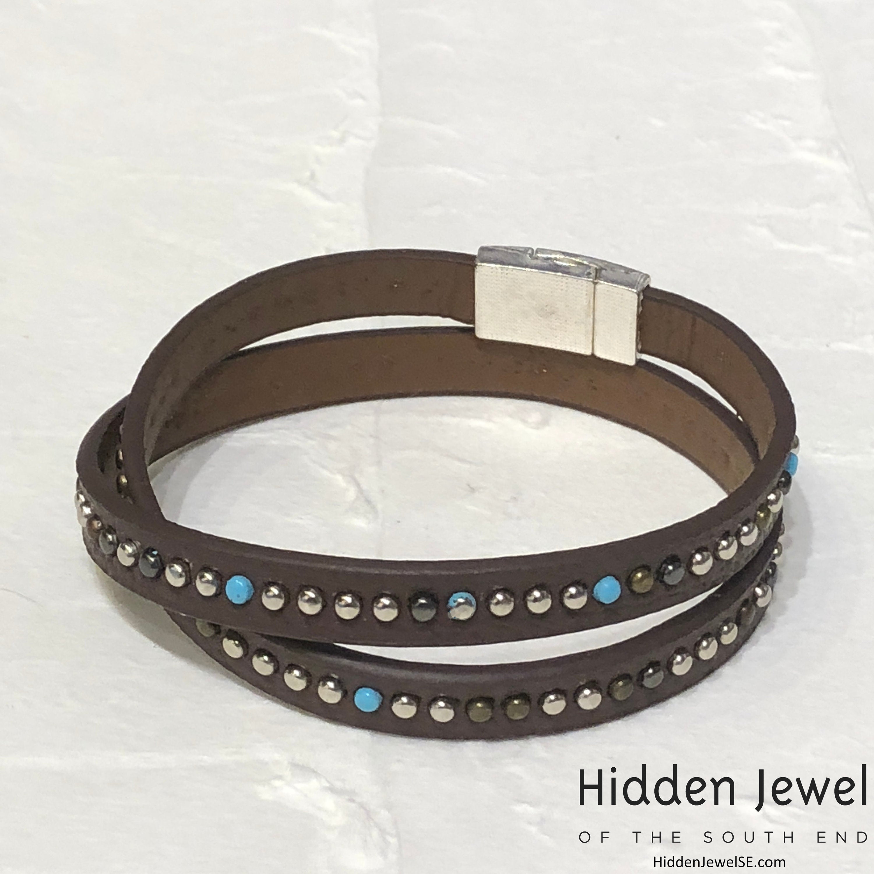 Light brown turquoise studded wrapped Leather flat bangle sz8.75