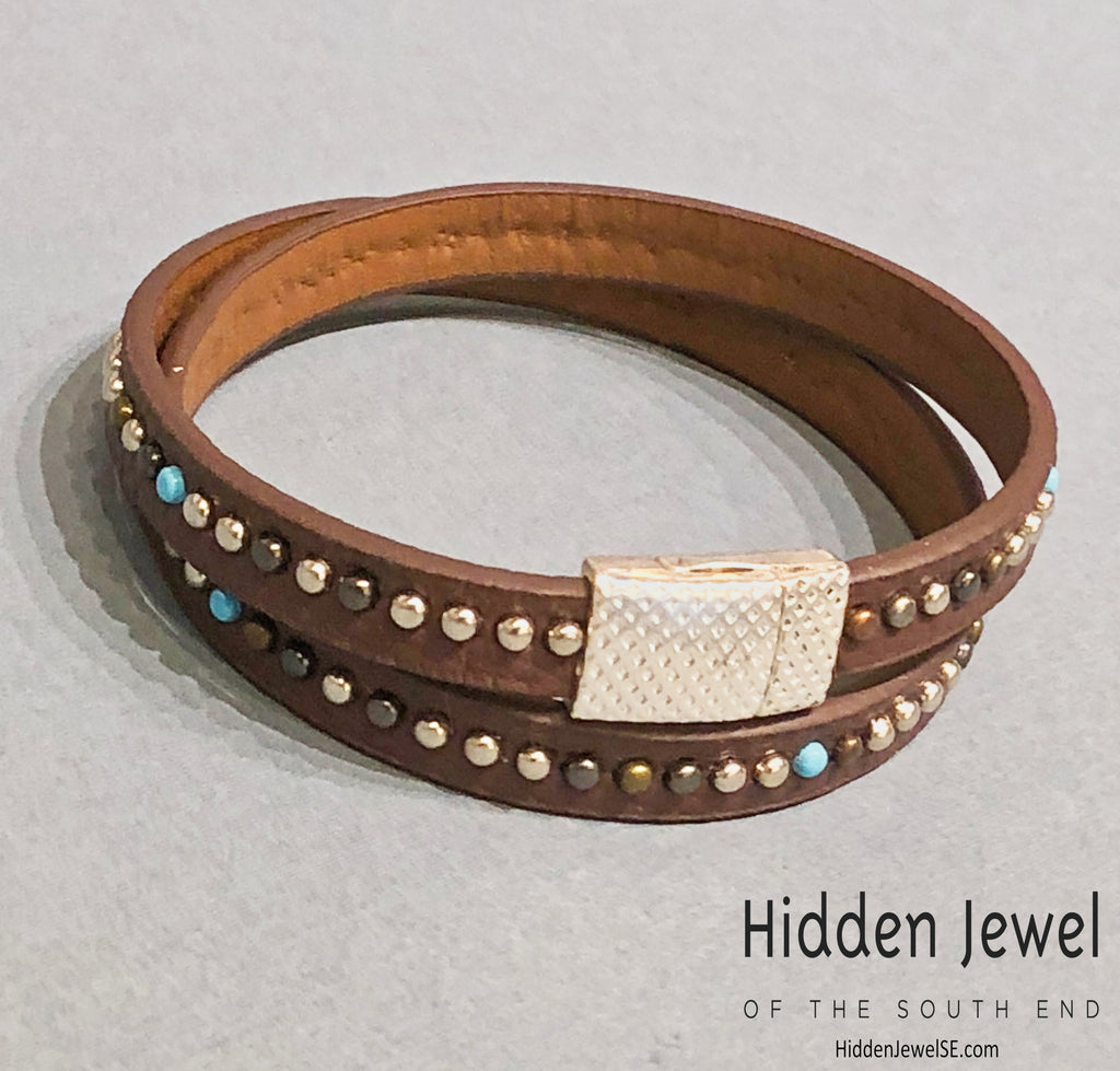 Light brown turquoise studded wrapped Leather flat bangle sz8.75