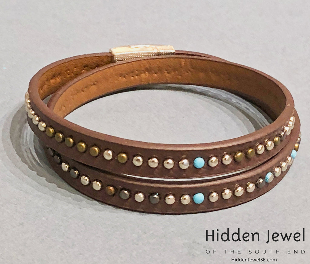 Light brown turquoise studded wrapped Leather flat bangle sz8.75