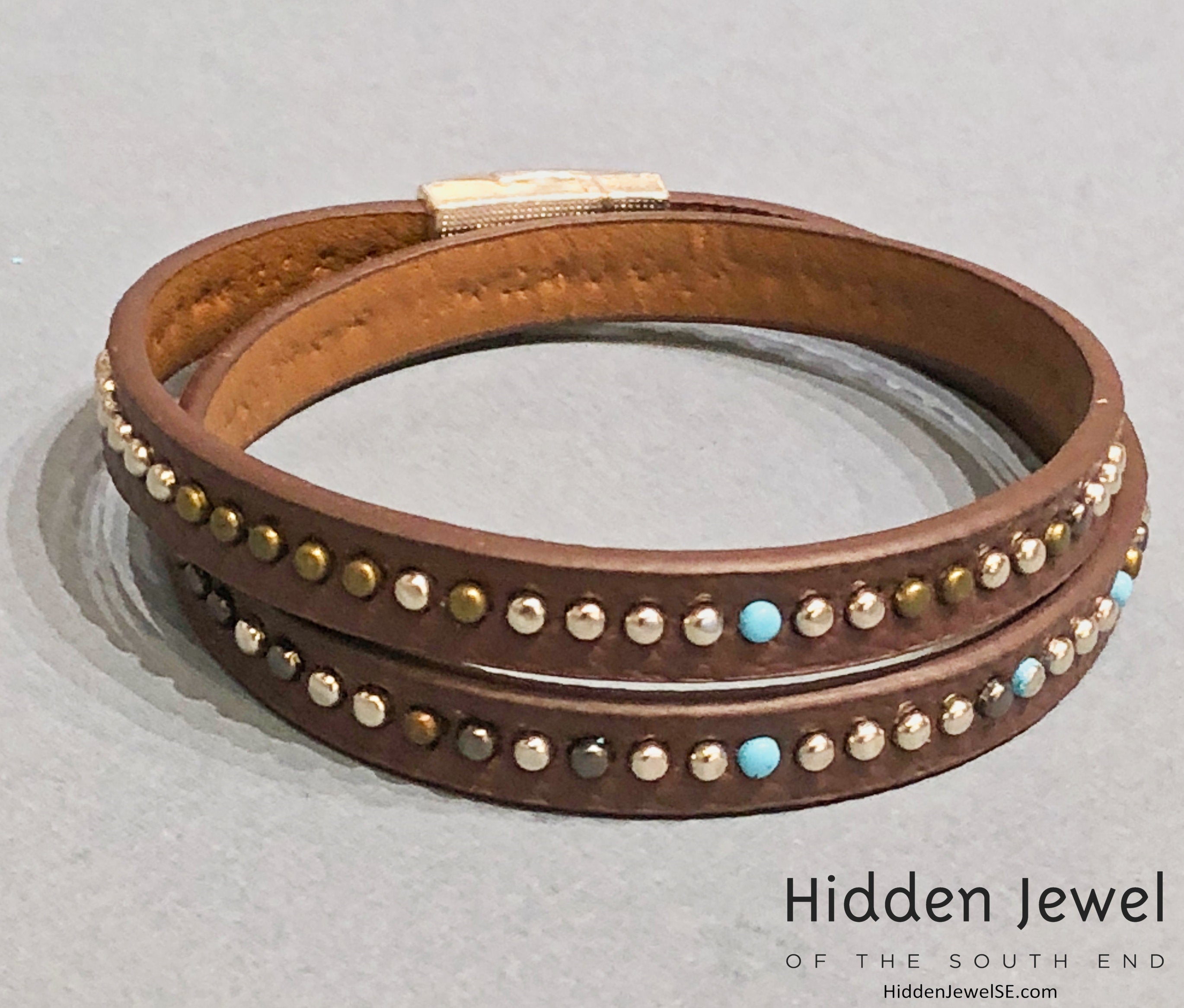 Light brown turquoise studded wrapped Leather flat bangle sz8.75