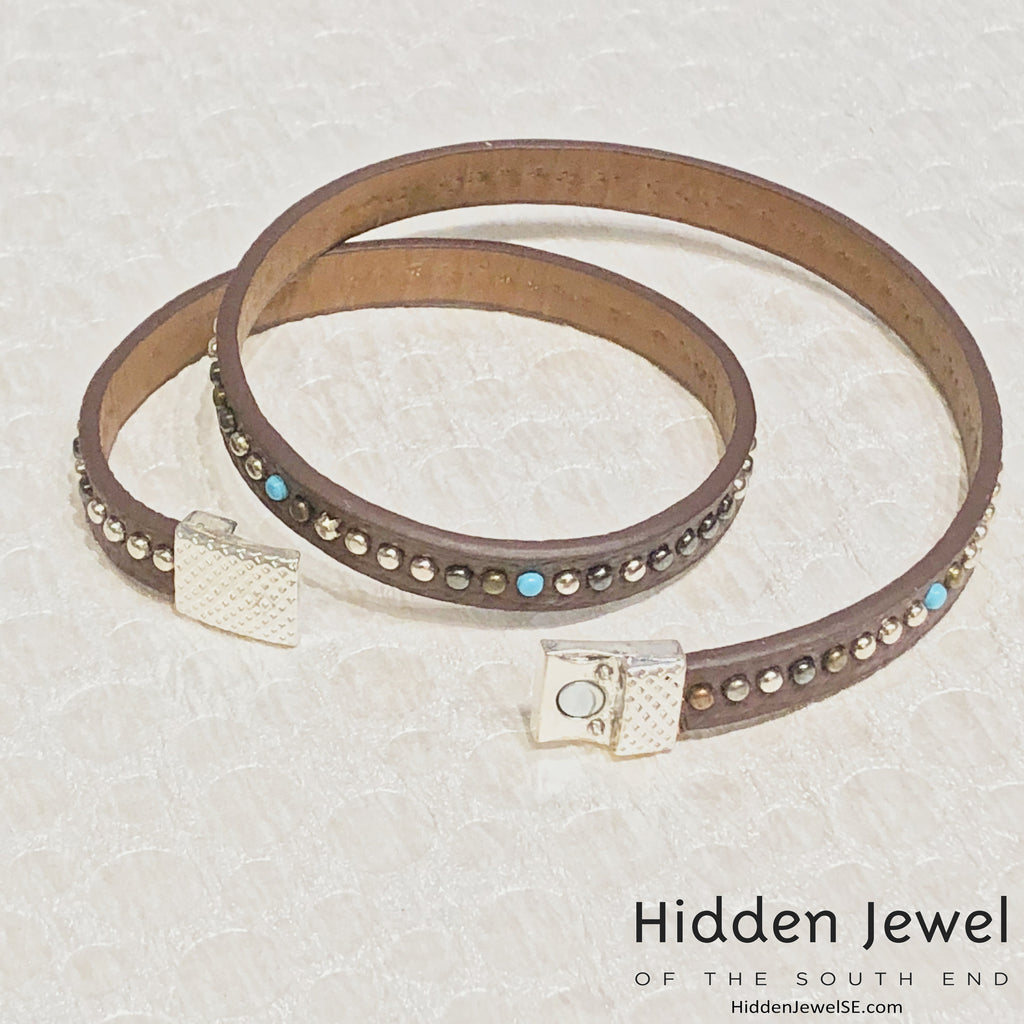 Light brown turquoise studded wrapped Leather flat bangle sz8.75